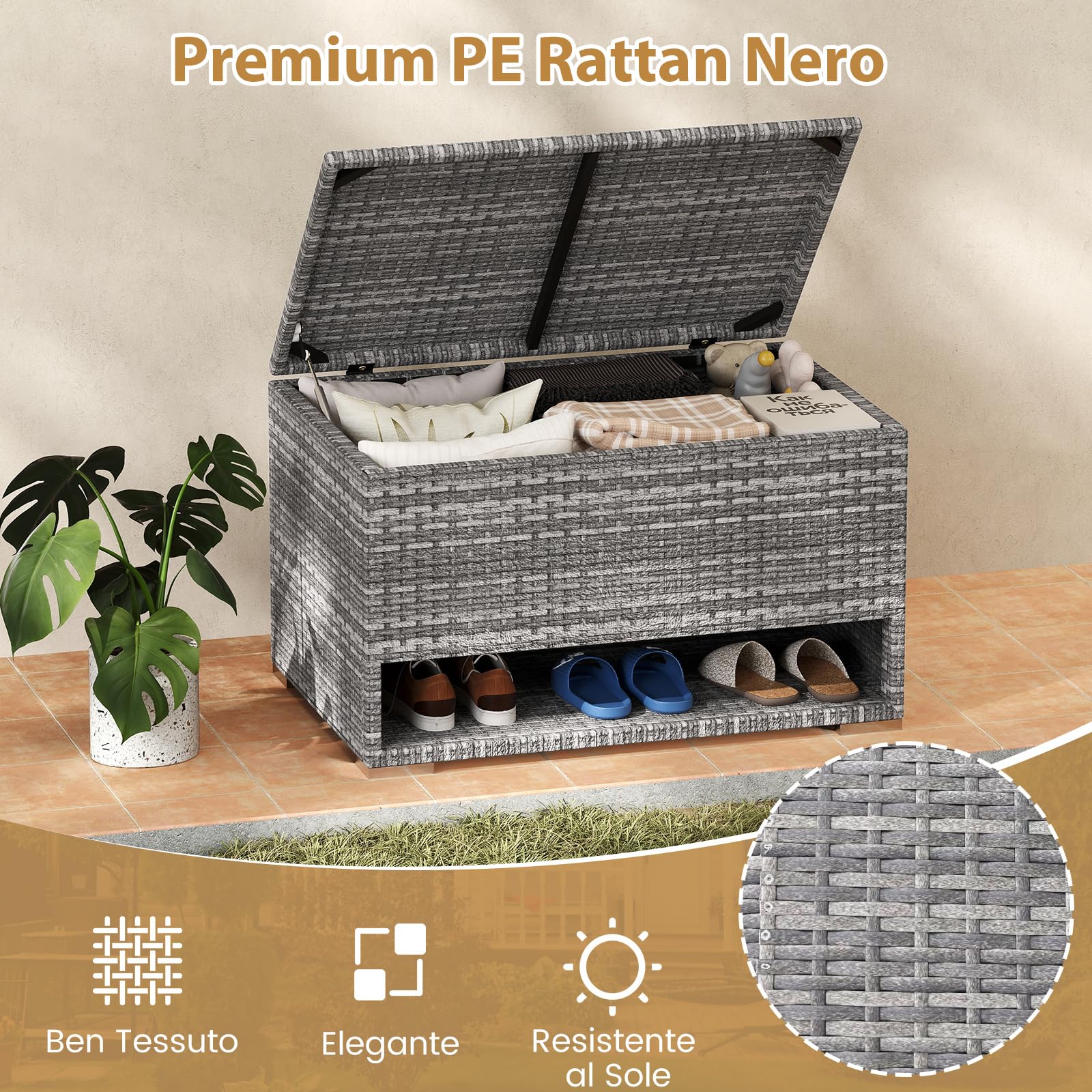 COSTWAY Baule da Giardino 186 L, Panca Contenitore in Rattan con Scarpiera, Rivestimento Protettivo, Organizzatore per Cuscini, Accessori Piscina, Attrezzi da Giardino (Grigio)
