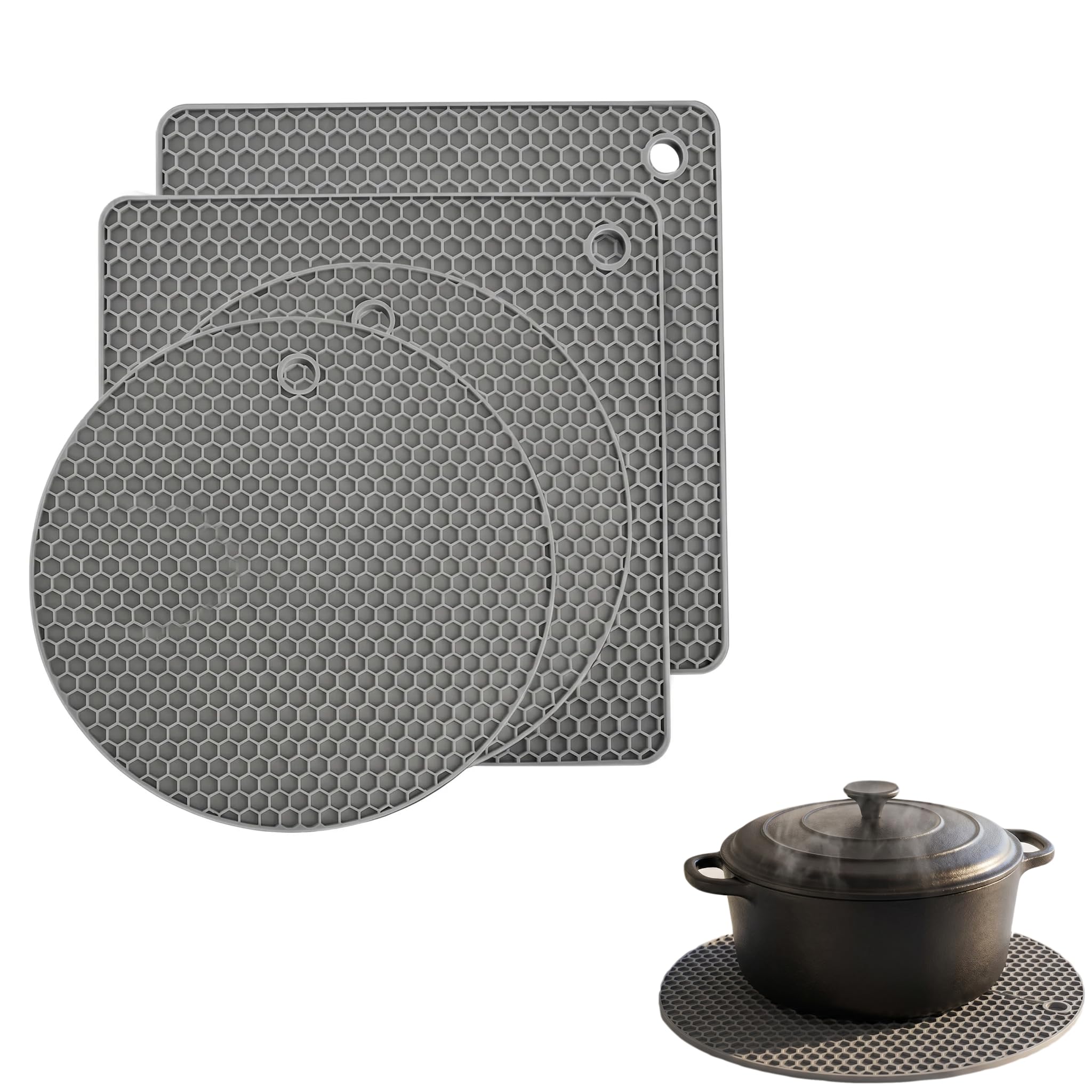 Silicone Trivet, 4 Pcs Trivets for Kitchen Worktops with Hanging Hole, Heat Resistant Mat for Hot Pots Pans Baking Dish Worktops Protectors(2 Square + 2 Round, Grey)