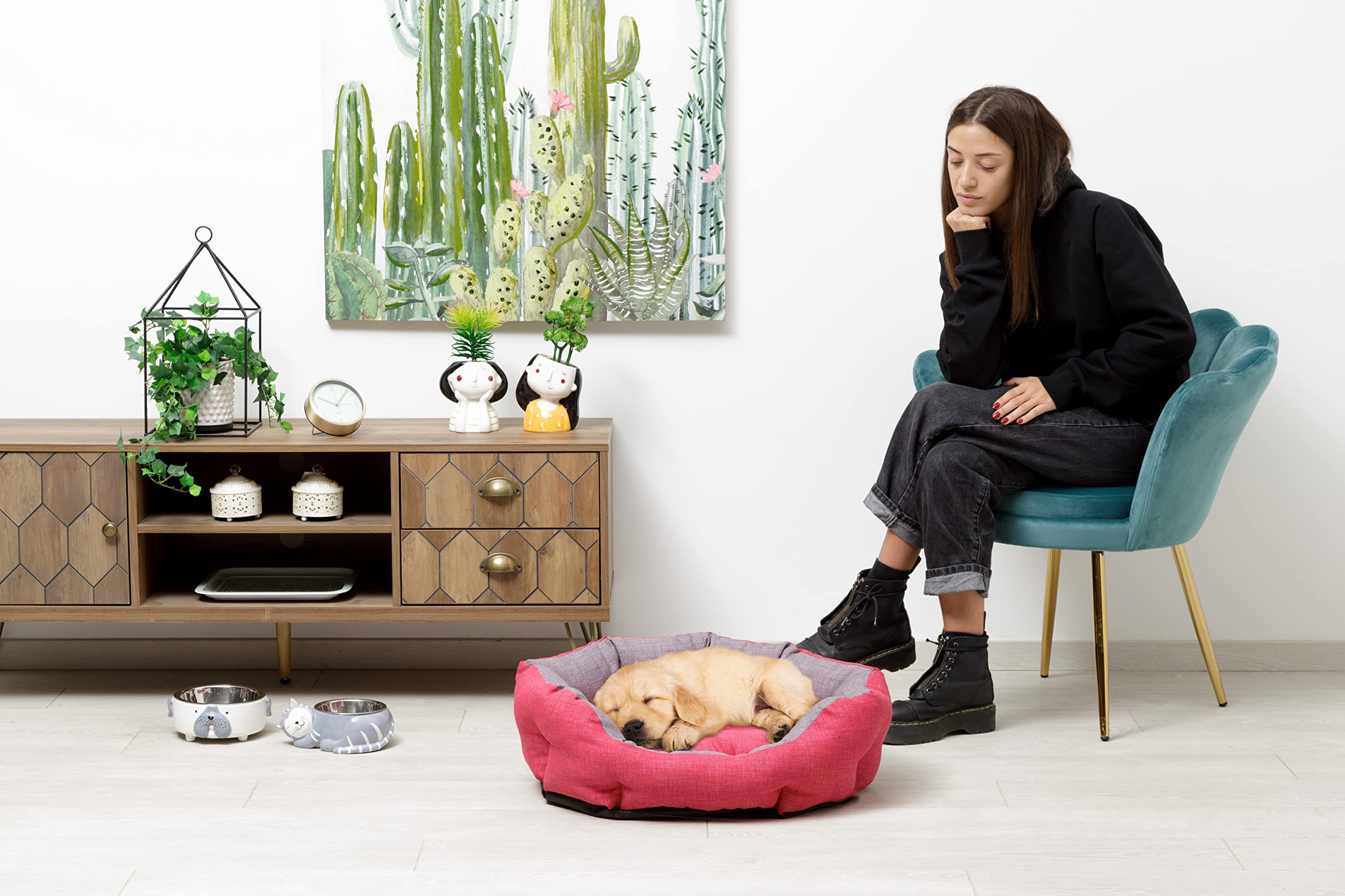 Baroni Home Cuccia per Cane e Gatto in tessuto Grigio e Bordeaux Taglia L 50x65 cm, Morbido Divano Ovali, Comodo, per Camera da Letto Salotto Corridoio, Lavabile