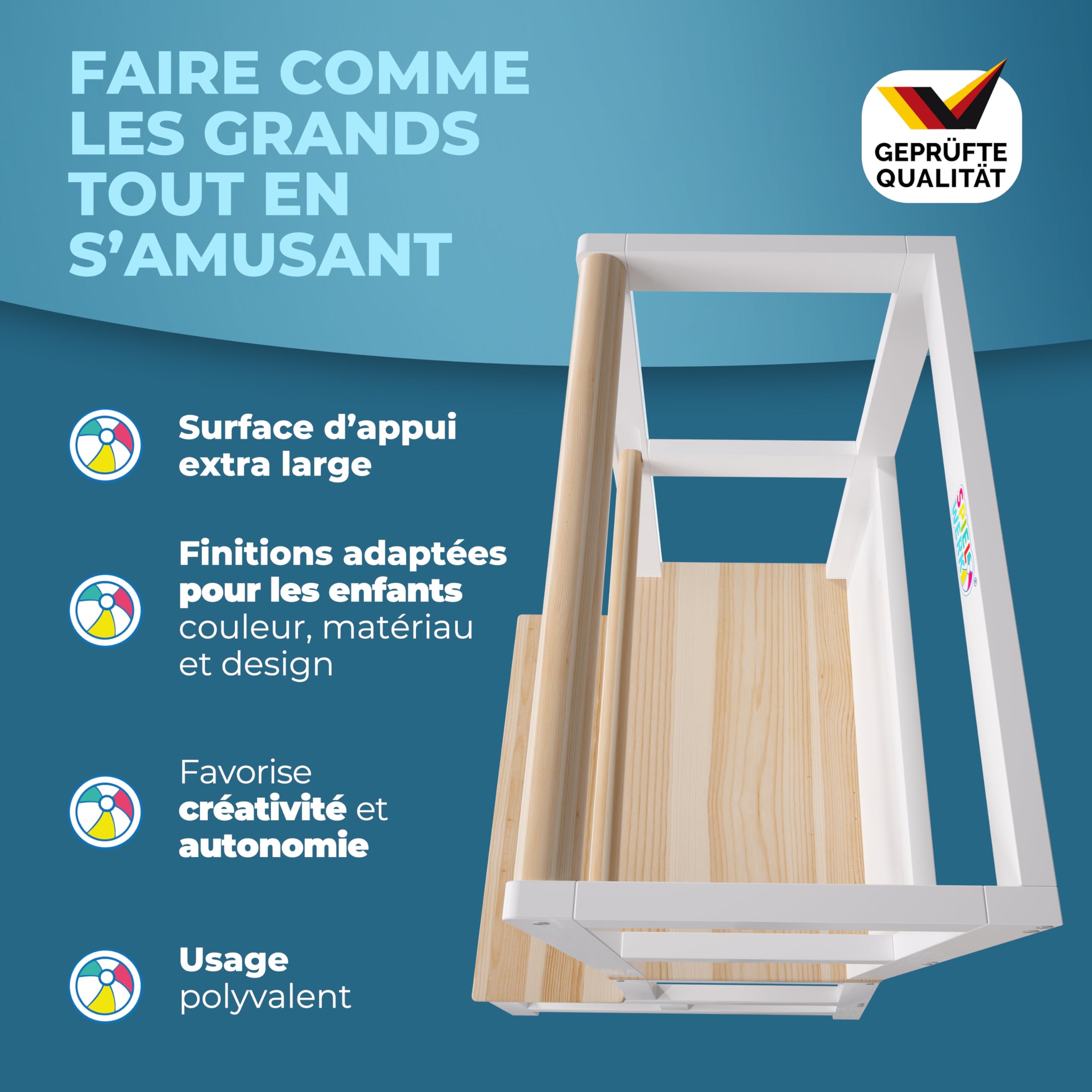 Spielwerk® Tour d'Observation Montessori en Bois pour Enfant, Stable et Sécurisée, Hauteur 93cm - Tour d'apprentissage avec Tableau noir, Marchepied Bois de Pin Blanc - Dès 2 ans