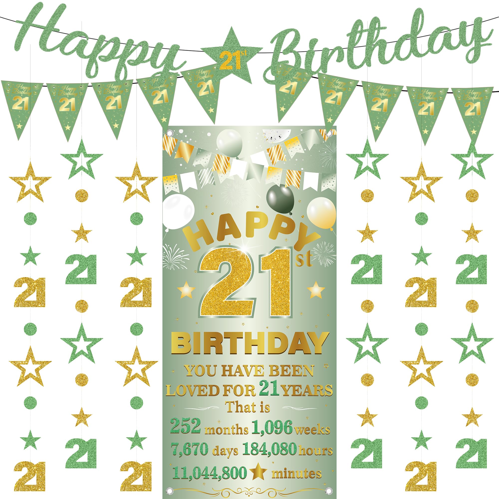 21st Birthday Decorations Banner Women - 9 Pcs Green Gold Bannes Backdrop Number Star Dot Glitter Hanging Garlands Kit for Women Happy 21 Years Old Birthday Party Decor Supplies