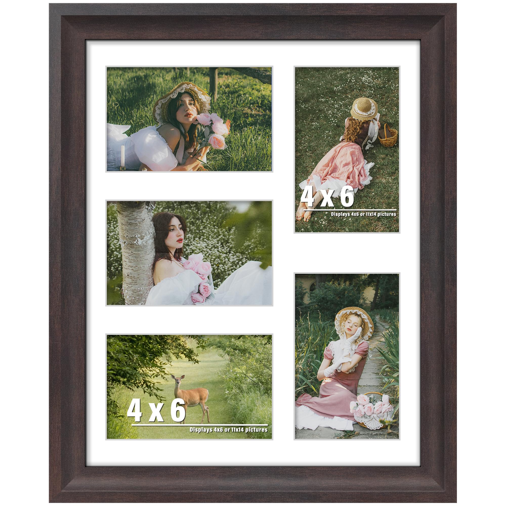DUENPY 11x14 Picture Frame 4x6 Collage Picture Frame Displays Five 4x6 inch Photos or 11x14 (Without Mat) Wall Decor or Tabletop Walnut