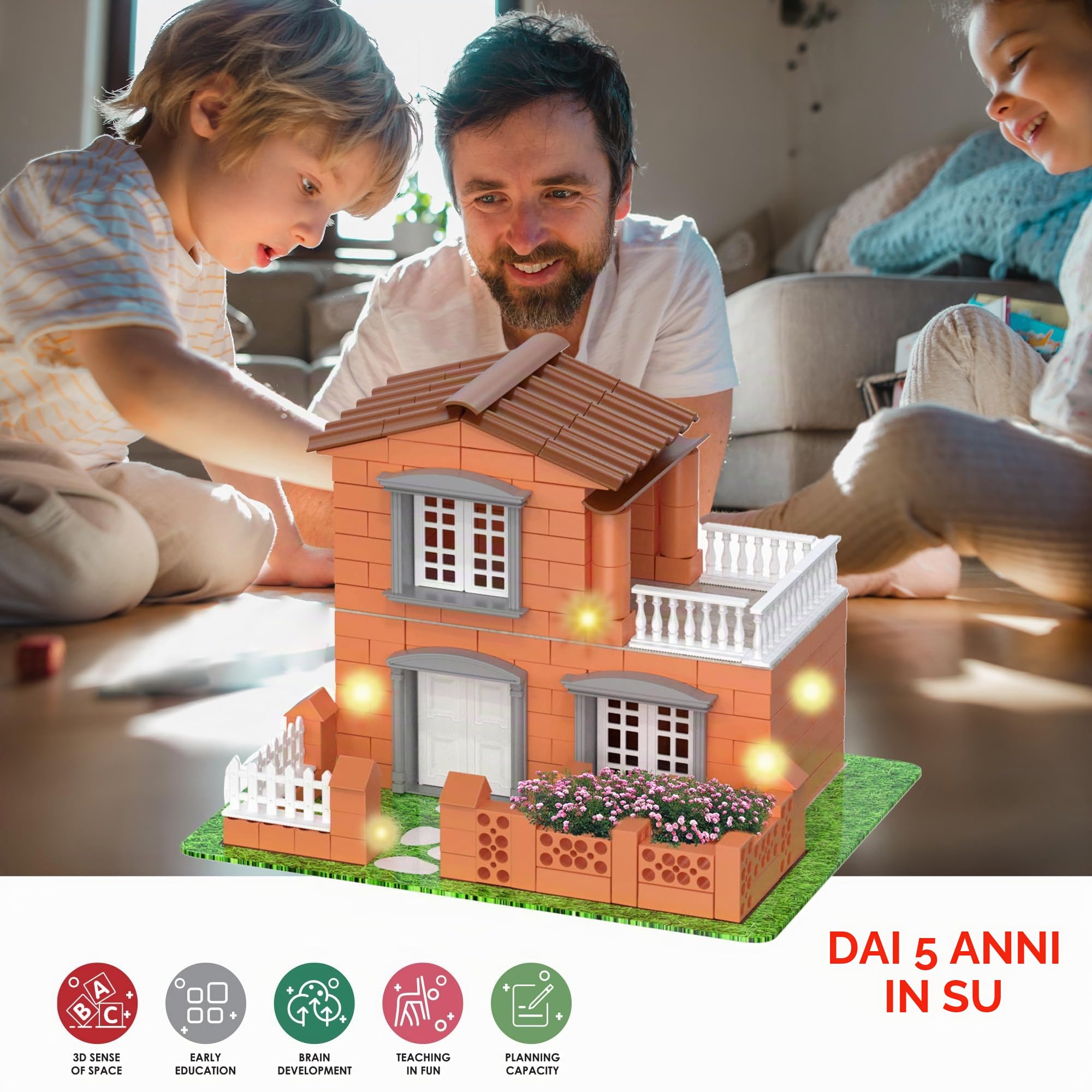 Gioco di Costruzione Casa di Mattoni con Luci | 270 Pezzi in Plastica ABS Sicuri per Bambini | Migliora le Abilità Precoci e lo Sviluppo dell'Intelligenza | Materiale Riciclabile