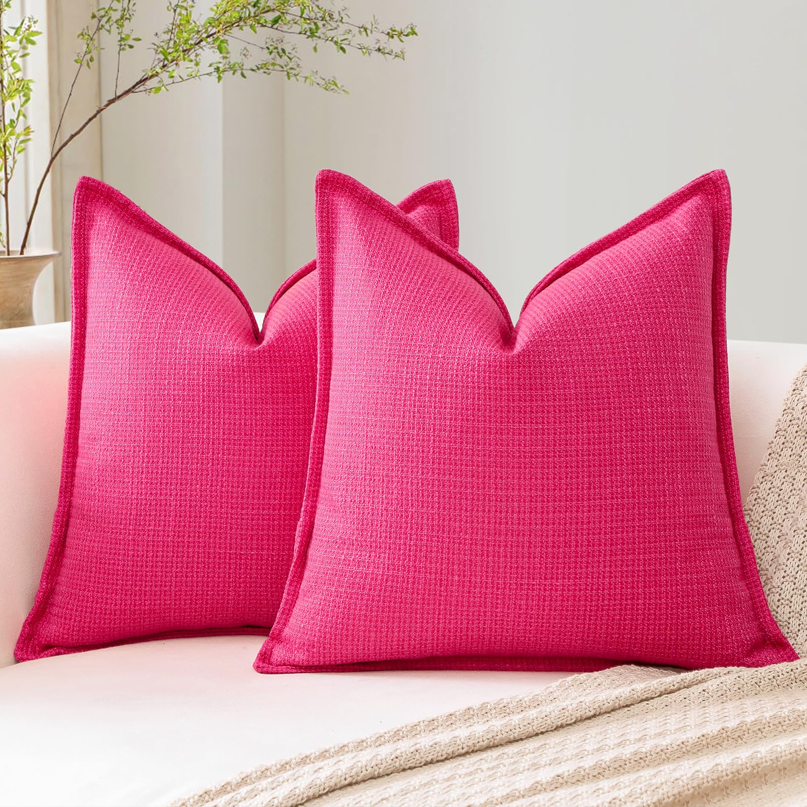 Artscope Pack of 2 Hot Pink Decorative Cushion Covers 24x24 Inch Soft Linen Texture Couch Throw Pillows Farmhouse Pillow Covers with Elegant Design for Sofa Bedroom Living Room Home Decor 60 x 60 CM