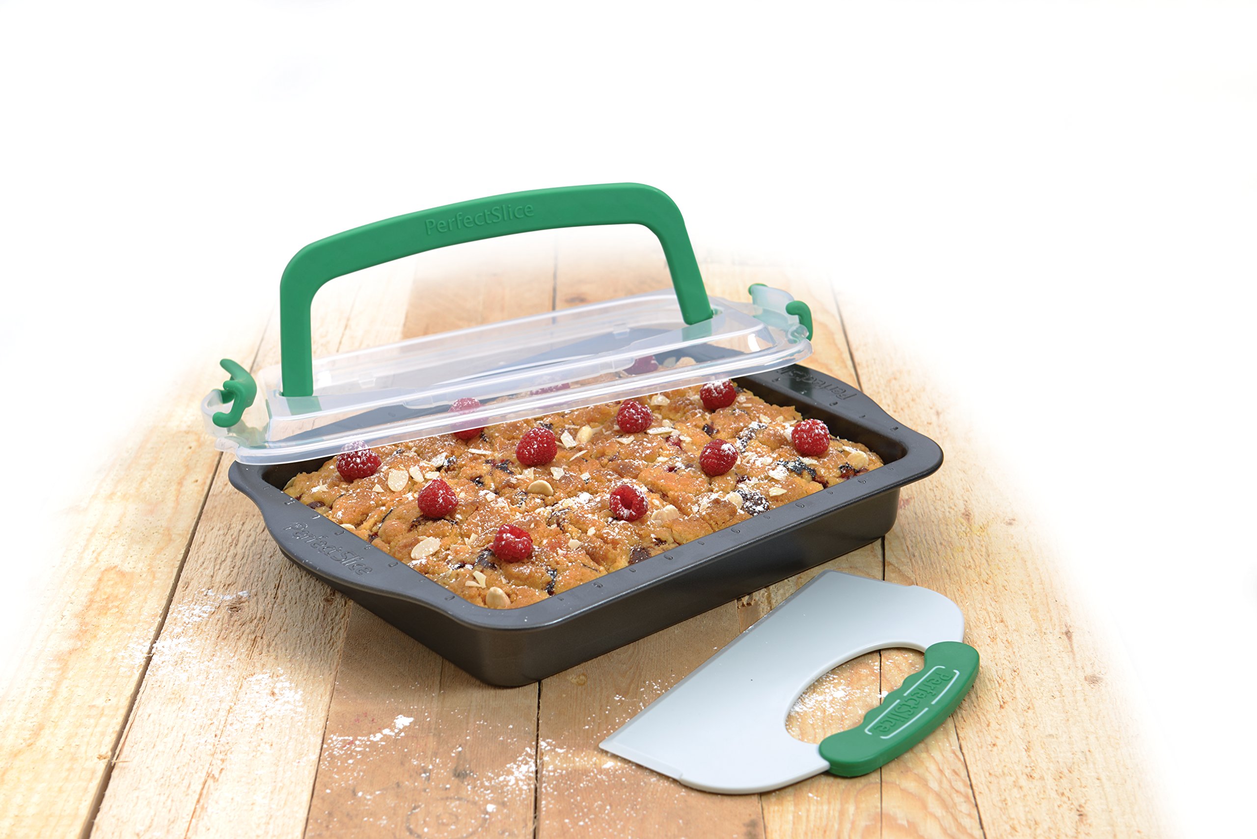 BergHOFF Perfect Slice - Teglia per torte da 22,9 x 33 cm, con coperchio e strumento perfetto per affettare. Crea porzioni perfette dei tuoi piatti da forno e festivi. Porzioni perfette per tutti i