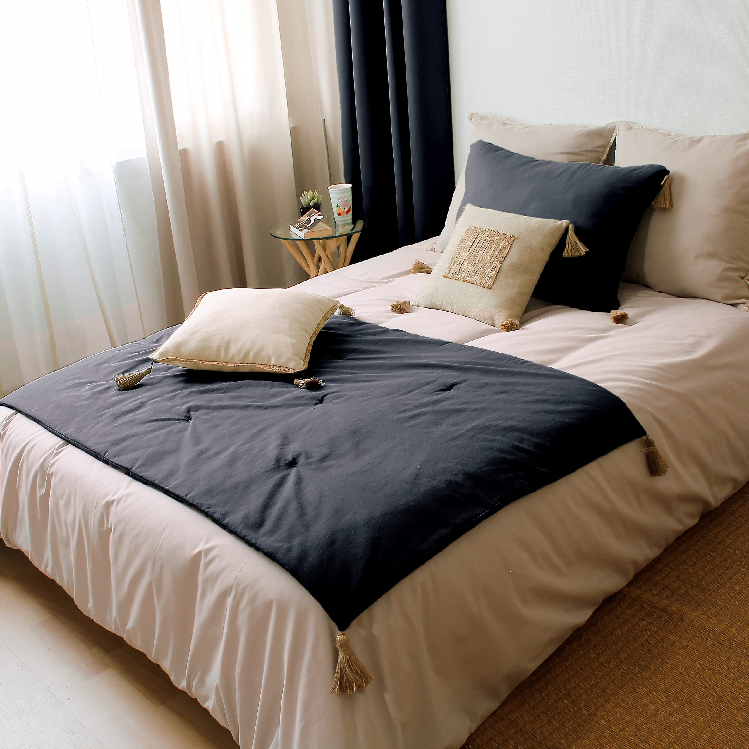 Enjoy Home - Edredon Décoratif 90x190cm écru - Coton 100%, Pompons Jute - Collection Panama