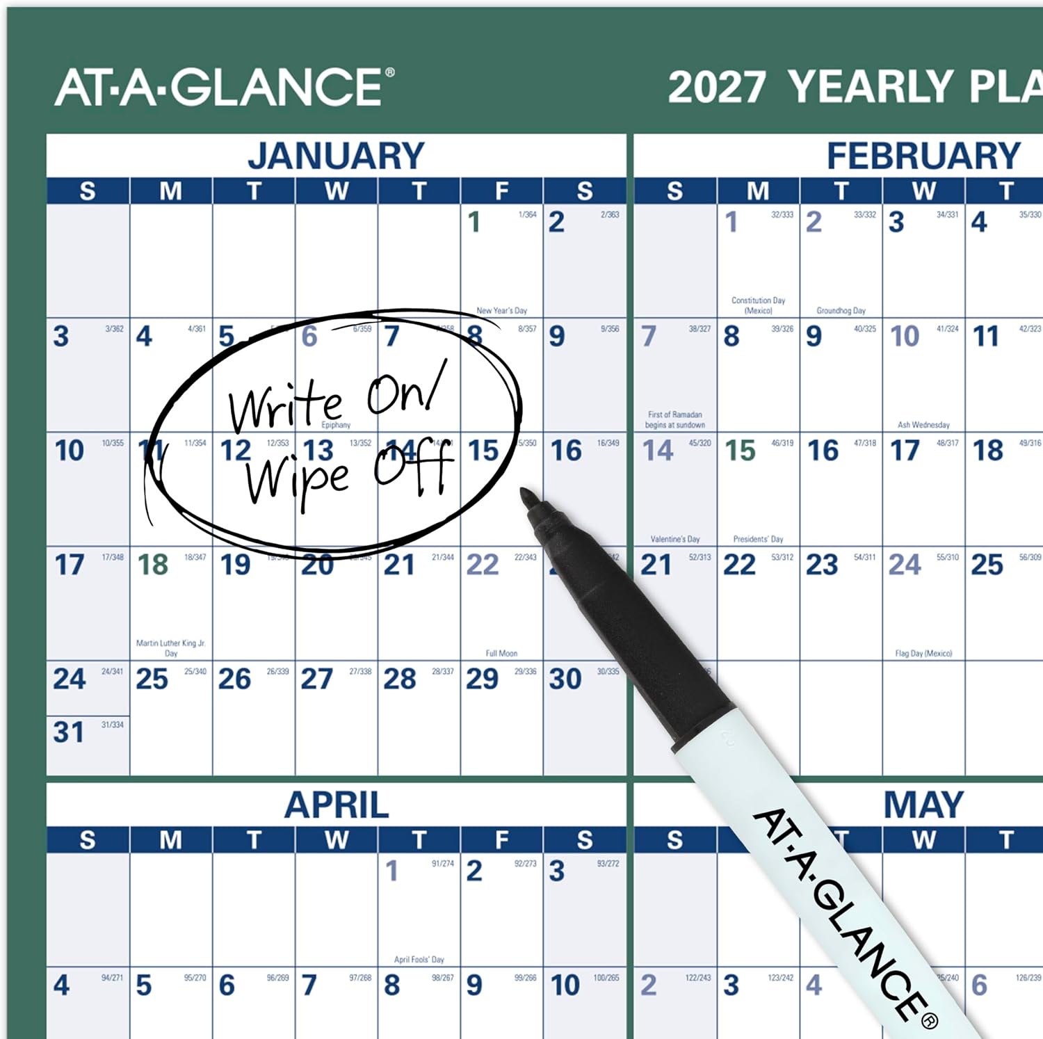 AT-A-GLANCE Dry Erase Calendar 2026-2027 Academic & Regular Year Wall Planner, 12-Month, 24" x 36", Double Sided, Vertical (PM210S28)