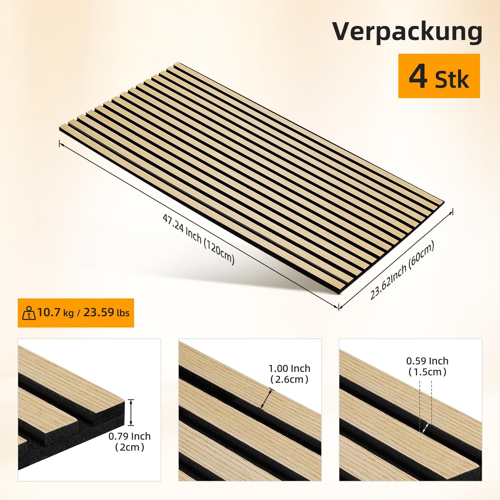 JAMELO Panele akustyczne fornir drewniany, 0,72 m² - 120 cm x 60 cm x zestaw - (zestaw = 4 sztuki 120 cm x 60 cm) | Kolor: naturalny kolor | okładzina ścienna | panel akustyczny | panele ścienne na