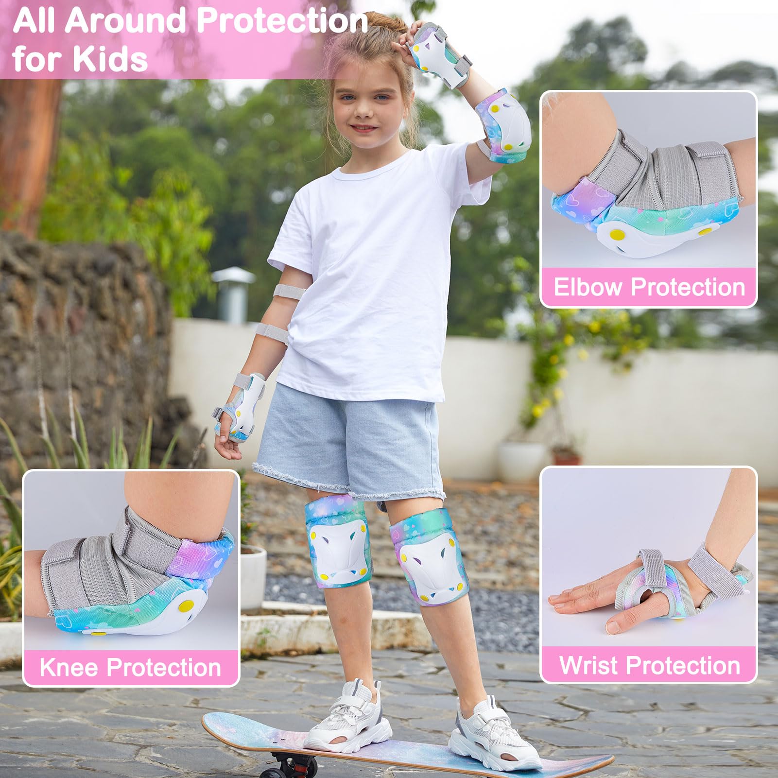 Unicorn Castle Rodilleras y Coderas de Unicornio para niños y niñas, Juego de Equipo de protección Ajustable 6 en 1 con Bolsa de cordón, 3-8 años