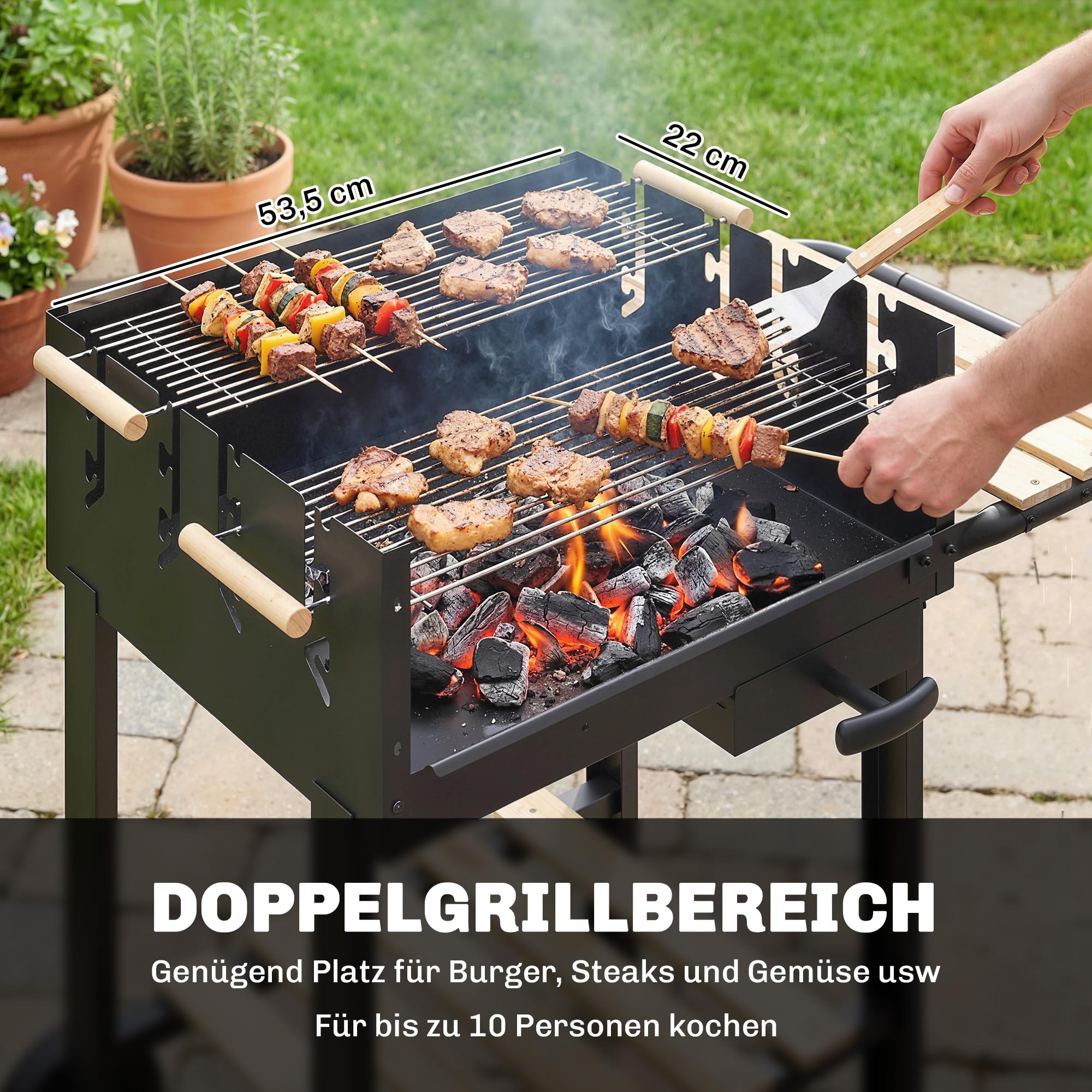 Outsunny Barbecue a carbonella con griglia regolabile in altezza in 4 posizioni, 2 ripiani in legno, 2 ruote, contenitore per cenere, carbone mobile, per 10 persone, per terrazze, picnic, feste, 99,5