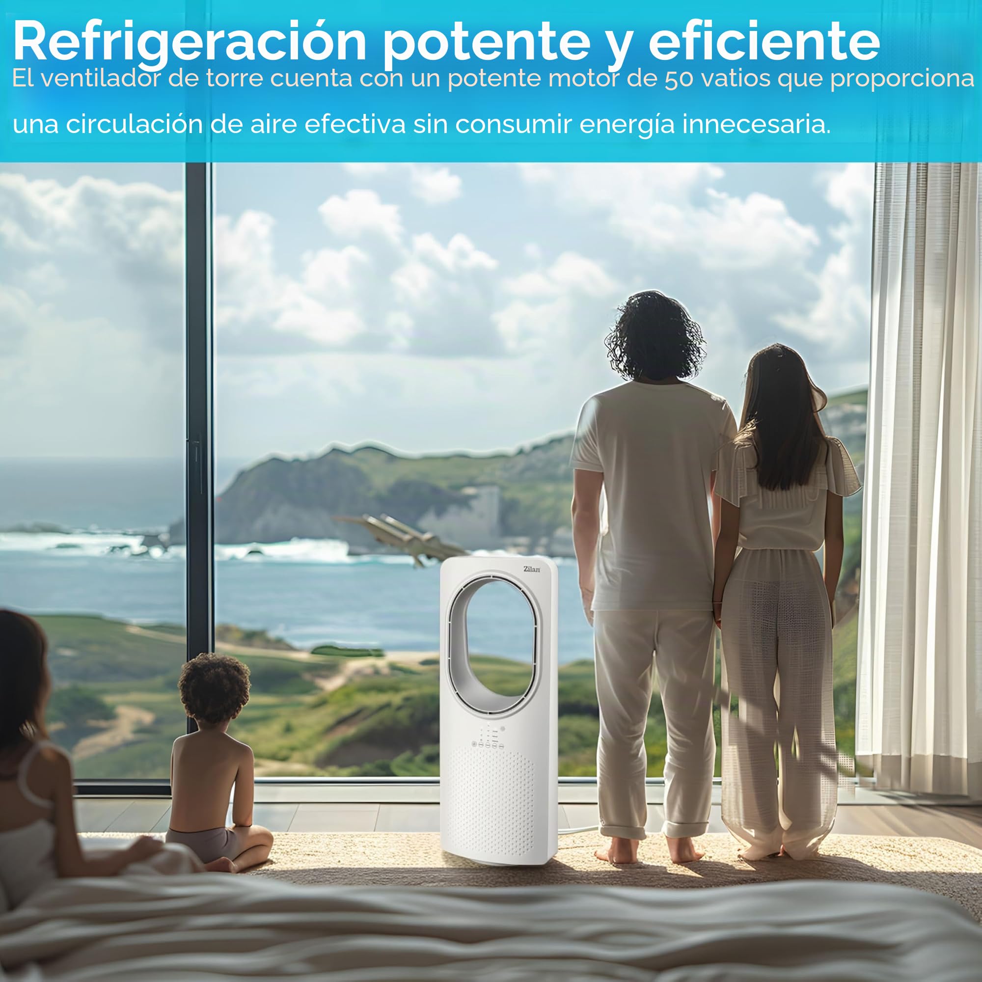 Zilan Ventilador torre con mando a distancia - Diseño - Ahorro de energía - Silenciador - Oscilante - Ventilador de suelo con refrigeración - Torre - Aire acondicionado móvil