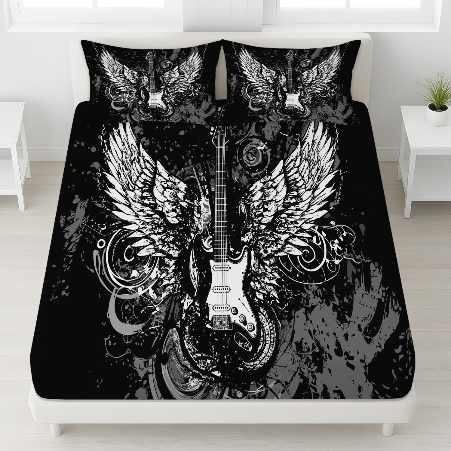 Rock Music Prześcieradło z gumką 90 x 200 cm miseczki 30 cm, zestaw pościeli z dzikimi gitarami skrzydła nutowe dla dzieci nastolatków dorosłych, miękkie prześcieradło z mikrofibry, oddychający
