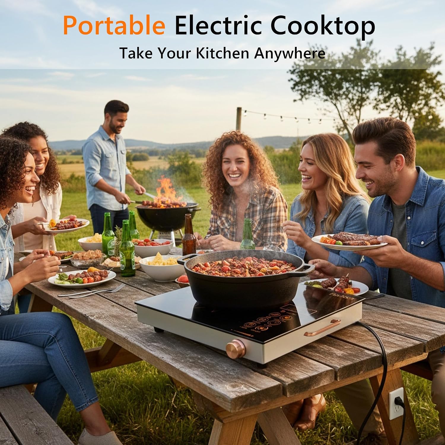 Single Burner Electric Cooktop,1800W One Burner Ceramic Cooktop with Handle, Knob and Touch Control, Child Safety Lock, Overheat Protection, 9 Power Levels, 110V Plug, Gold