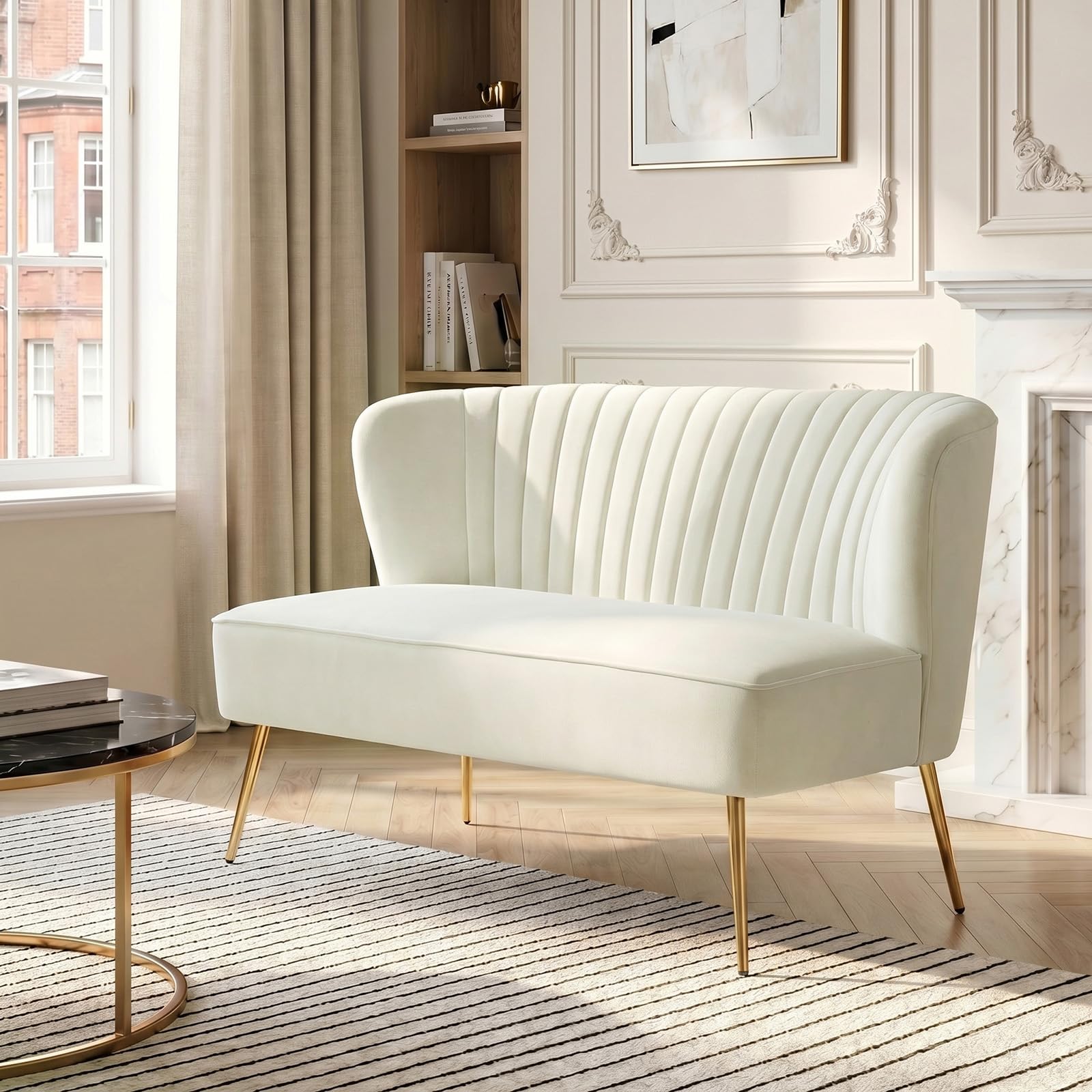 HULALA HOME Velvet 2 Seater Sofa Upholstered Loveseat Couch with Metal Legs Armless Backrest for Living Room Bedroom Lounge, Ivory
