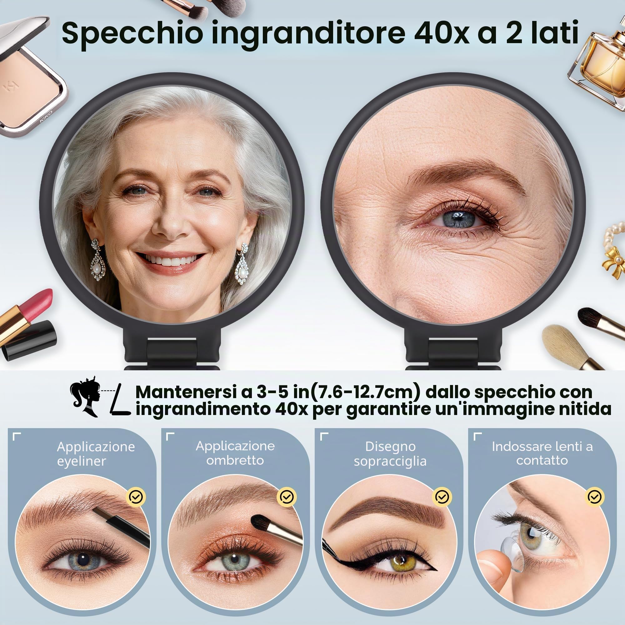MIYADIVA Specchio con Ingrandimento 40X, Specchietto per Trucco, Doppia Faccia con Ingrandimento 40X/1X, Essenziale da Viaggio, Portatile e Pieghevole per Scrivania e Bagno, Regalo per Donne, Nero
