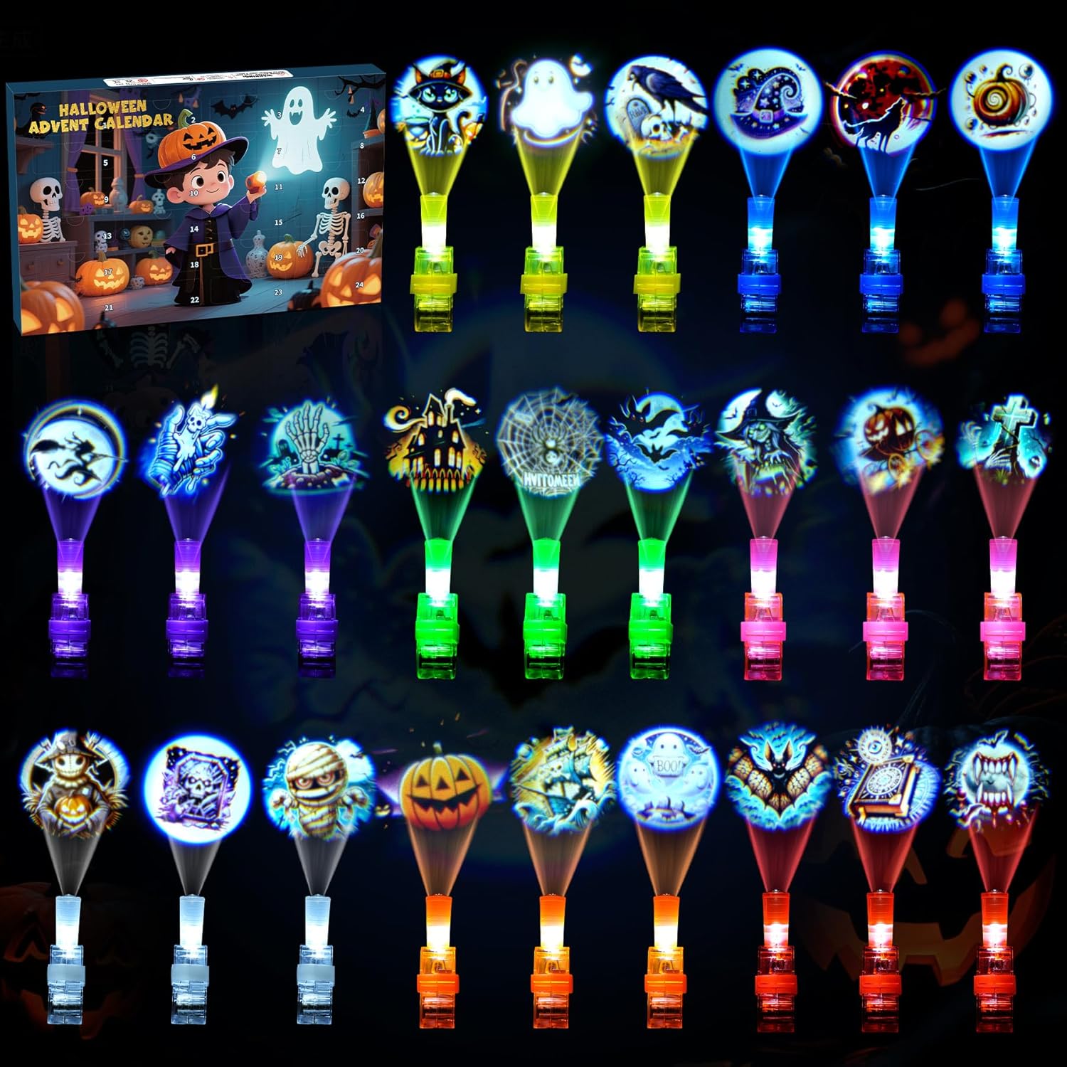 LED Finger Lights Advent Calendar with 24 pcs Different Halloween Themed Novelty Finger Lights Gifts for Halloween Countdown Calendar Party Favors for Trick or Treat (Colorful Christmas)
