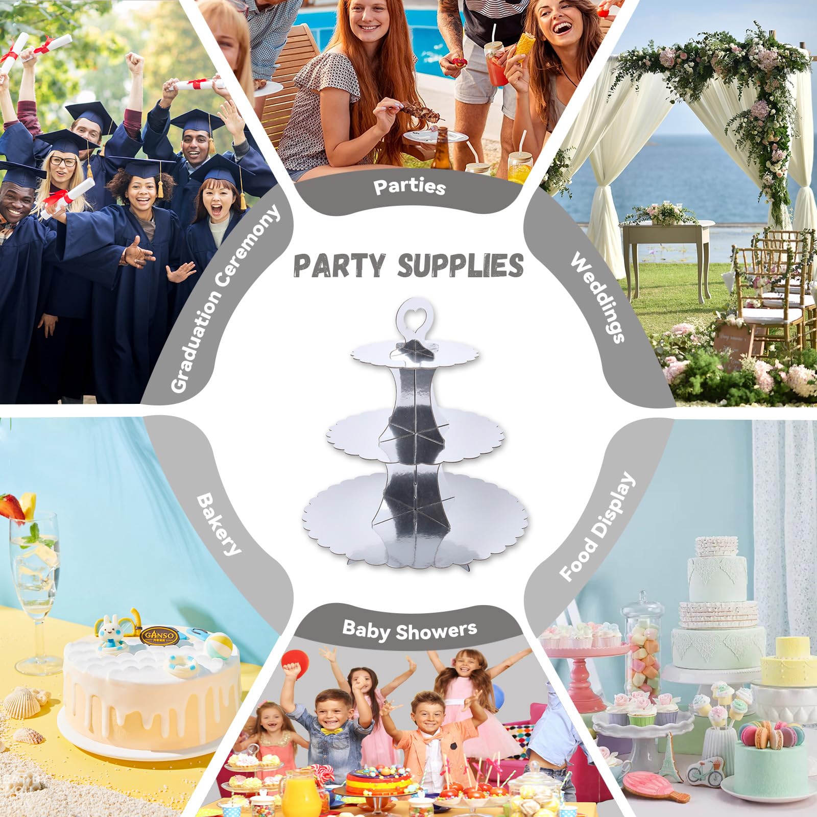 Alzatine Per Cupcake A Torre Argentata 3 Ripiani – Confezione Da 2, Supporto In Cartone Per Feste