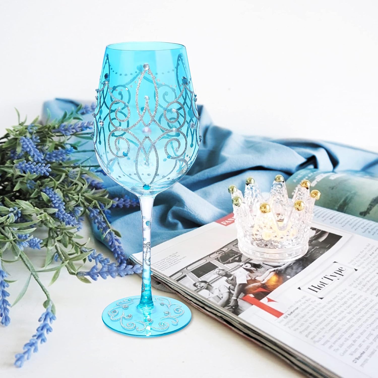 NymphFable Colorful Wine Glass Blue Princess Artisan Painted 15oz Personalised Gift for Birthdays Valentine's Day - Image 7