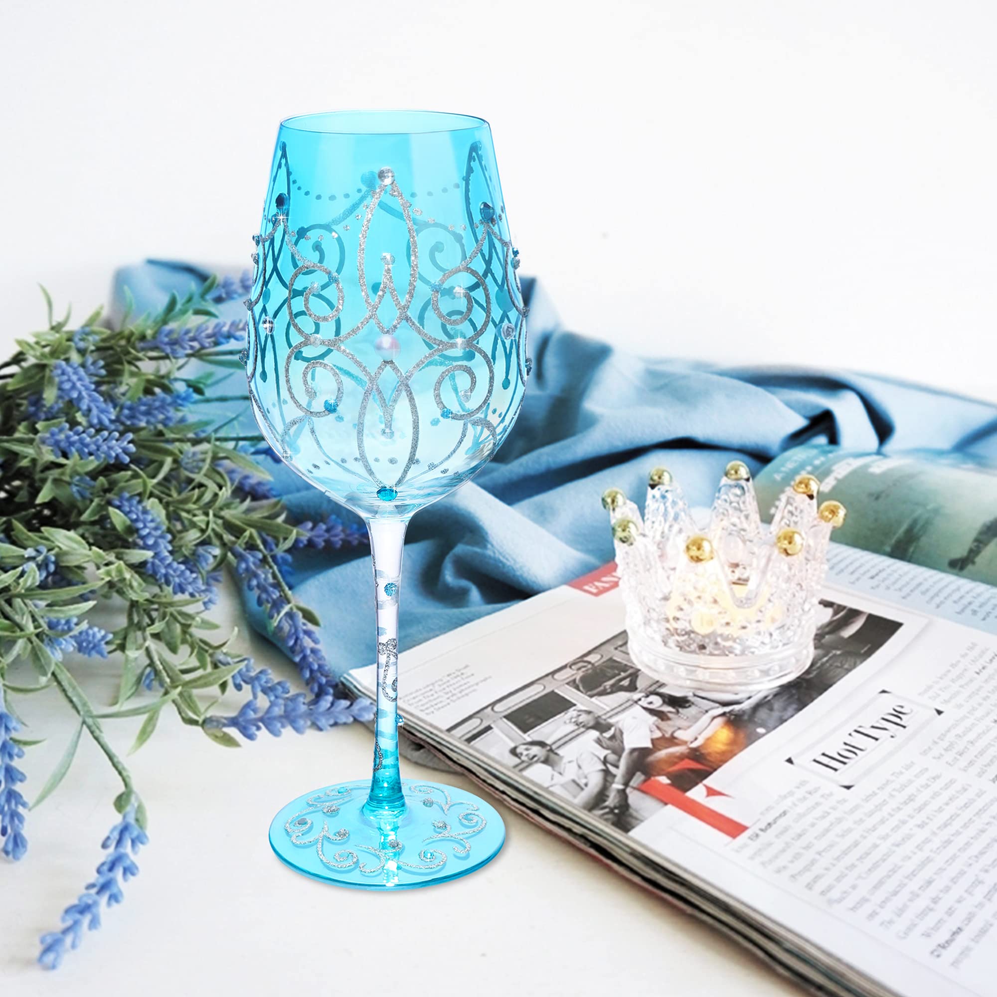 Hand-Painted Blue Princess Wine Glass - Personalized Gift -7 Hand-Painted Blue Princess Wine Glass - Personalized Gift -7