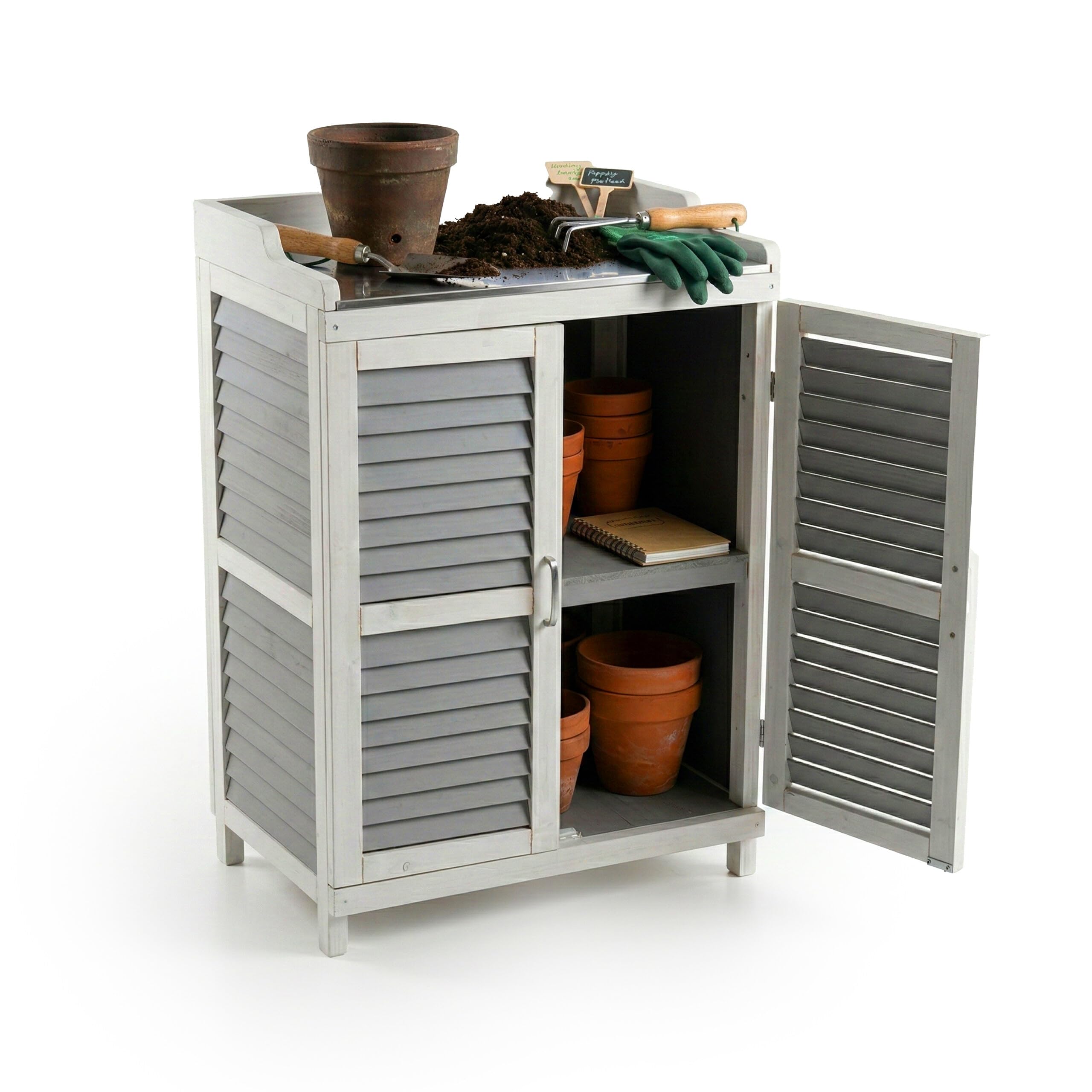 Relaxdays Pflanztisch mit Unterschrank, Holz, Eisen Arbeitsplatte, HxBxT: 100 x 67 x 47 cm, Gartenschrank, grau/weiß