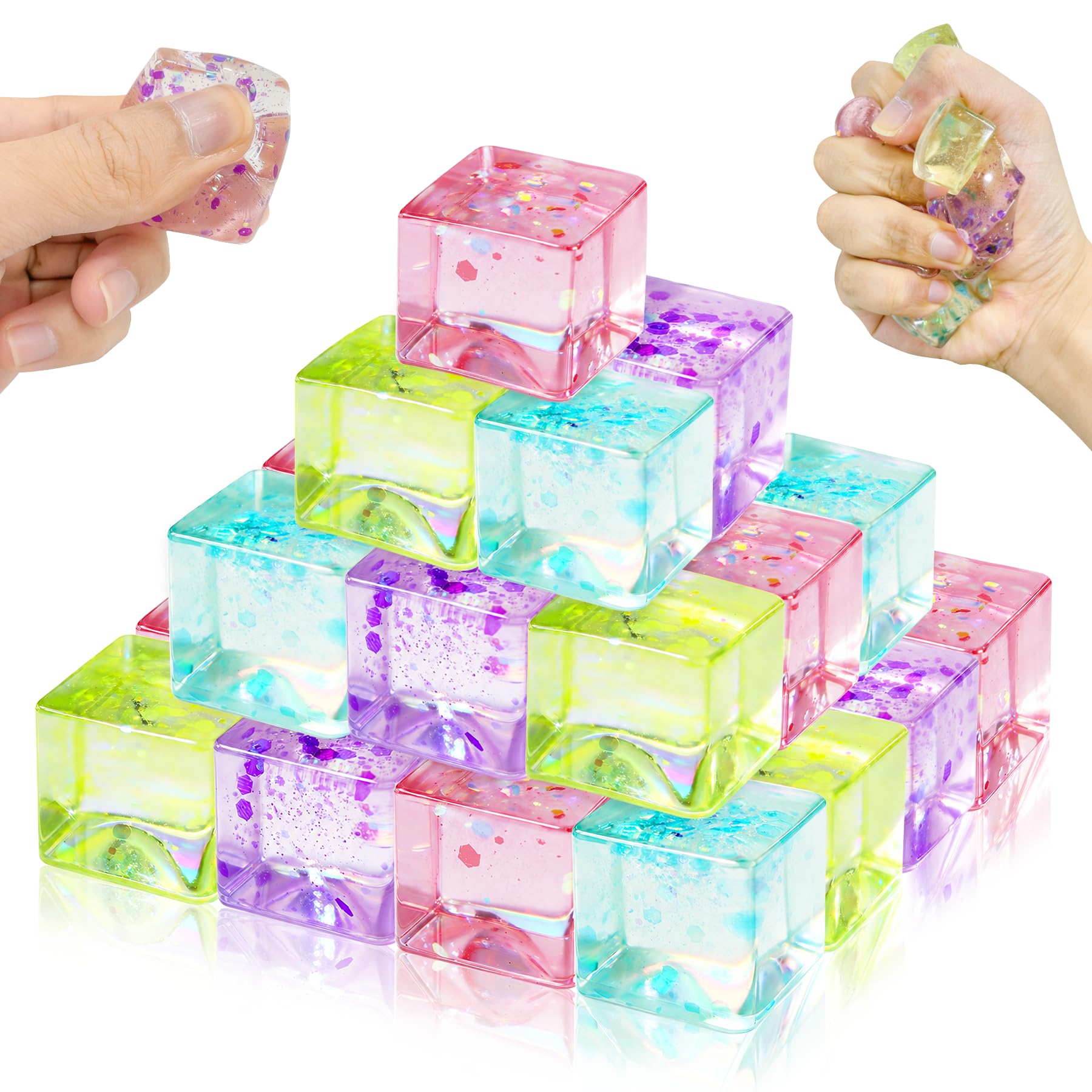 24Pcs Glitter Cube Squishy,Bulk Stress Sparkle Fidget Toys,Squeeze Toys - Square Sensory Toys, Squeeze Toys - Washable Small Stress Balls for Adults, Perfect Party Toy Gift