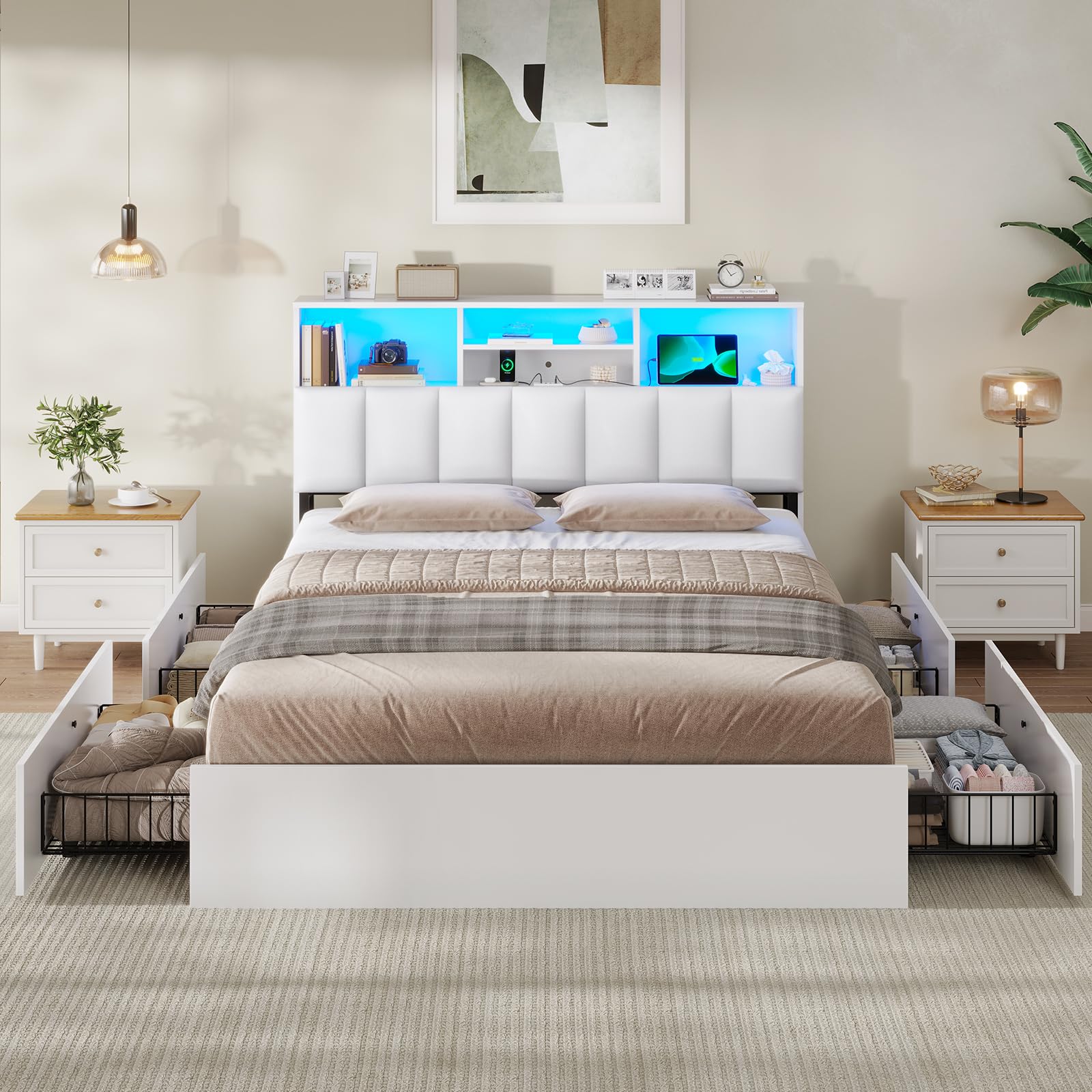 AOGLLATI Bett 140×200 cm, Polsterbett mit Ladestation und LED-Beleuchtung, Doppelbett Stauraumbett mit Stauraum Kopfteil, 4 Schubladen, Lattenrost, ohne Matratze(für 140 x 200 cm Matratze), weiß