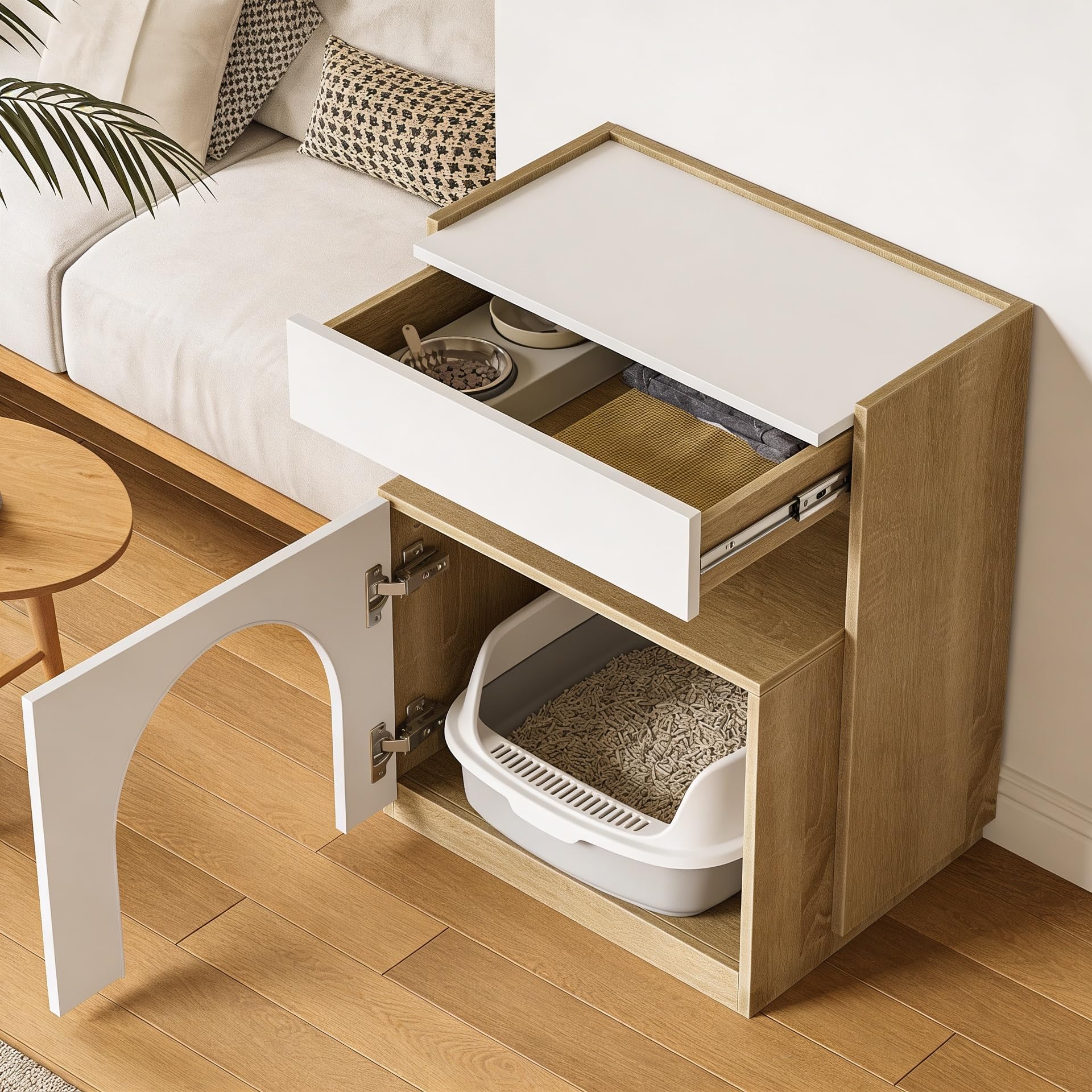 Katzenkäfig Katzenkloschrank mit Katzenhöhle Katzenschrank für Katzentoilette Katzenklo mit 2 Löchern 4 Türen Katzenhaus für Katze Weiß 50x40x58cm