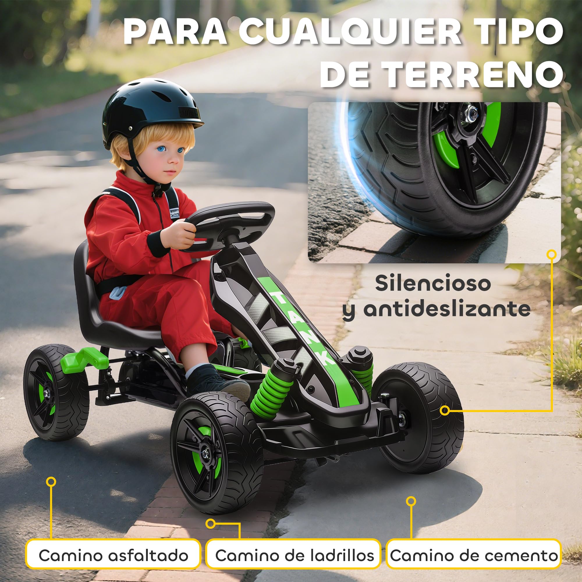 AIYAPLAY Kart Pedales para Niños de +3 Años Go Kart con Embrague Automático Freno Ruedas Antideslizantes de EVA y Marco Metálico Carga 50 kg Verde