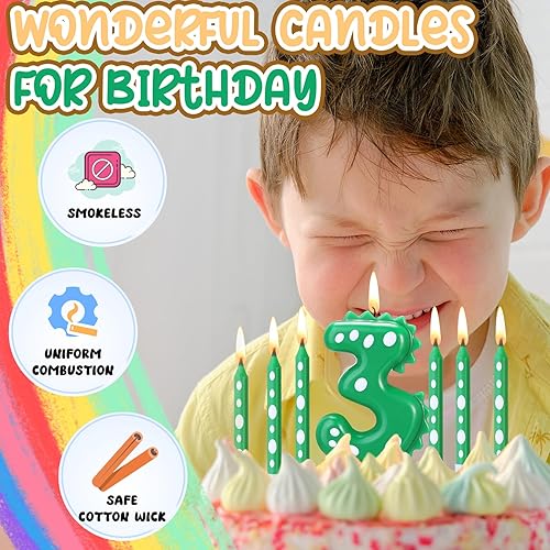 Miniatura 5 de Juego de 11 velas de cumpleaños de dinosaurio verde número 3 para niños, suministros de pastel de cumpleaños, decoración de fiesta de dinosaurios,