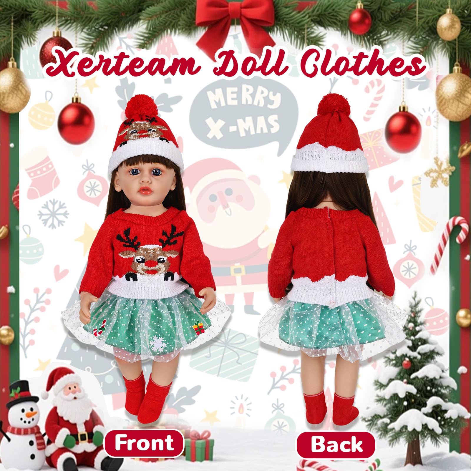 Baby Doll Clothes for 20-22 Inch Baby Doll, 4 Pcs Cute Dolls Clothes Outfit, Christmas Elements Sweater, Hat, Skirt, Socks - Image 2