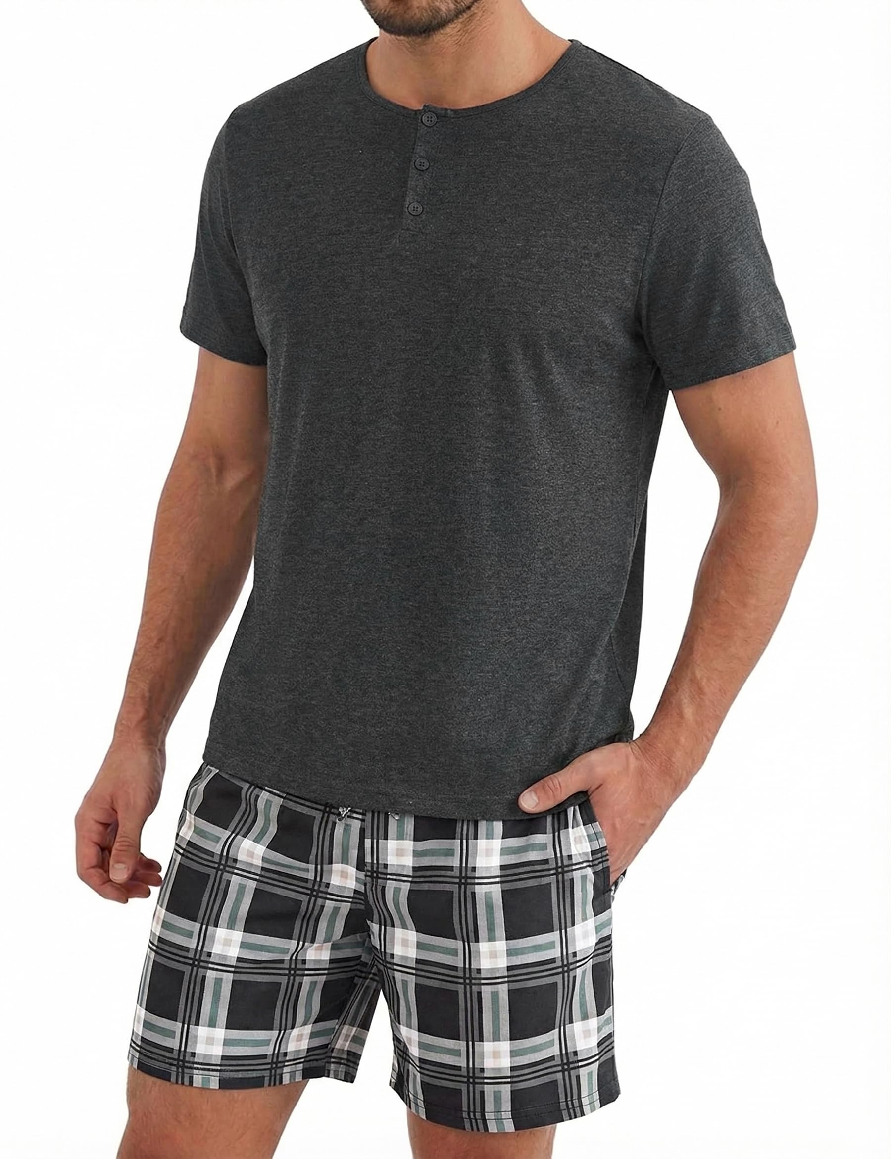 Uniexcosm Schlafanzug Herren Kurz Pyjama Set Baumwolle Zweiteiliger Kurzarm Nachtwäsche Oberteil und Karierte Kurze Hosen Sleepwear für Sommer