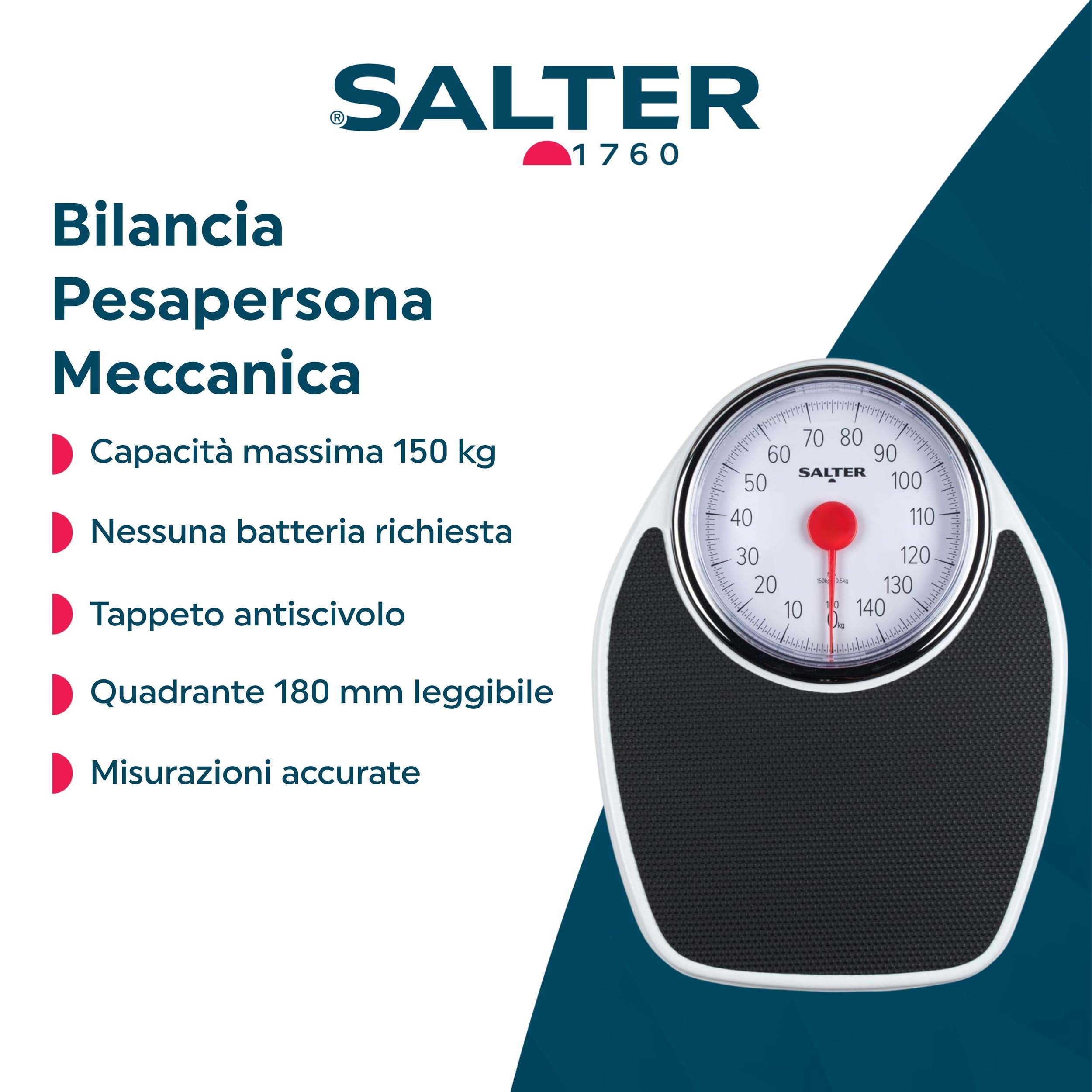 Salter 195 WHKR - Bilancia meccanica da bagno Doctor Style, bilancia fitness, capacità massima 150 kg, ampia pedana, ampio quadrante da 180 mm, finitura in gomma, solo chilogrammi