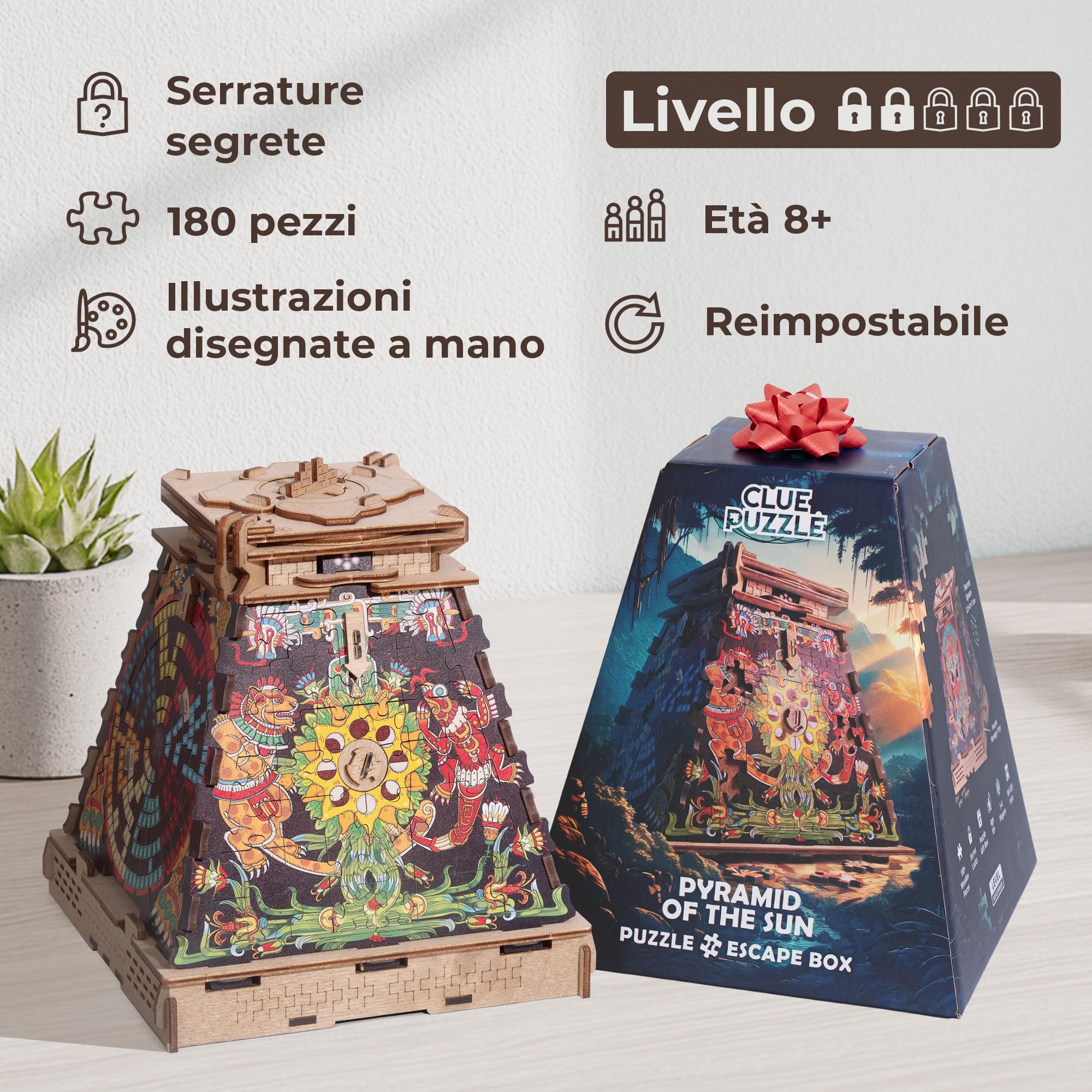 iDventure Cluepuzzle Piramide del Sole, Puzzle 3D, Escape Room per Adulti | Piramide Azteca, Scatola Rompicapo, Rompicapo per Adulti e Famiglie, Escape Room in Legno, 4 Puzzle, Scatola Segreta