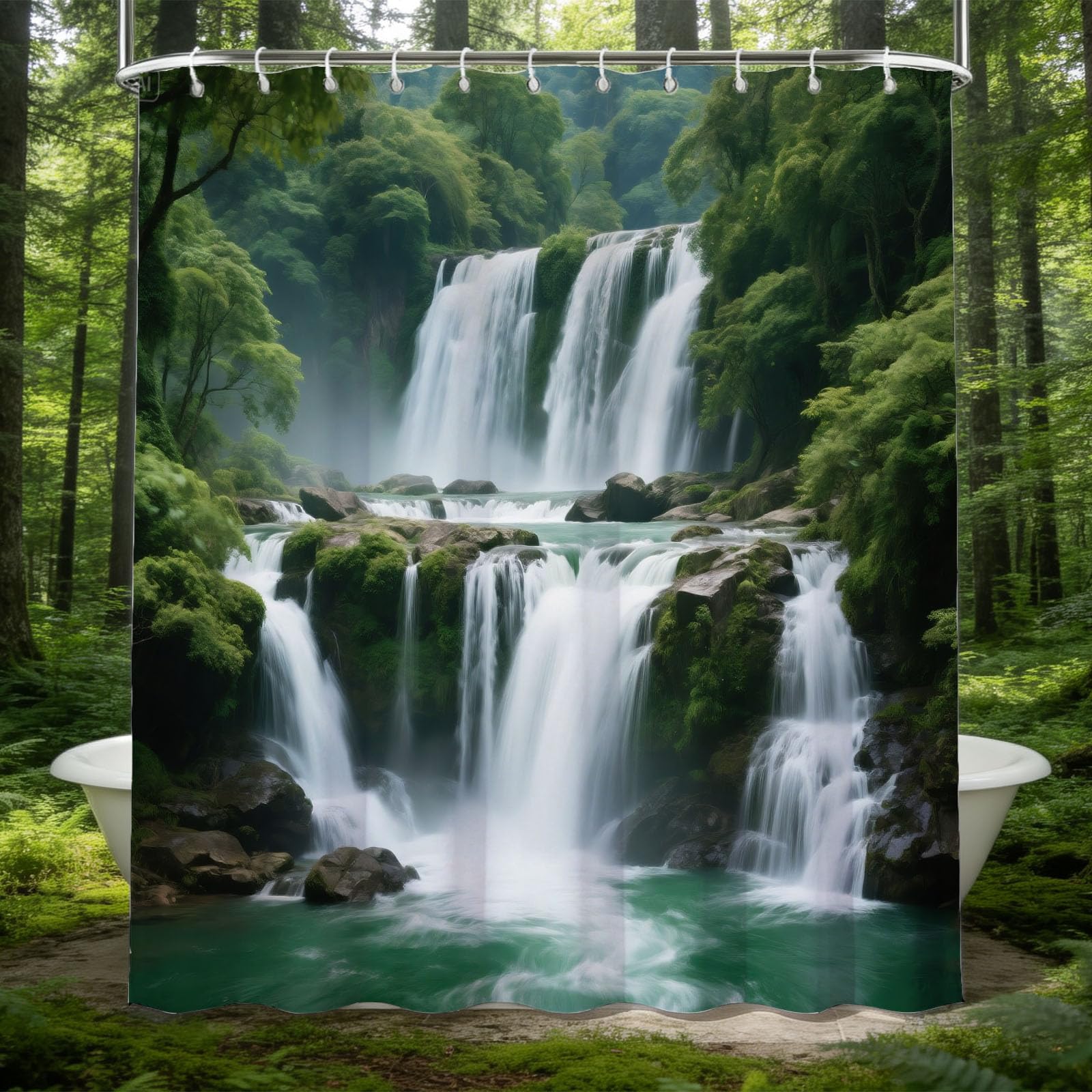 Hongduo 3D Mountain Forest Waterfall View Shower Curtain for Stalls Bathtubs Natural Theme Bathroom Decor Shower Curtain Set Polyester Fabric Waterproof 200x200cm/79X79 Inch with Hooks