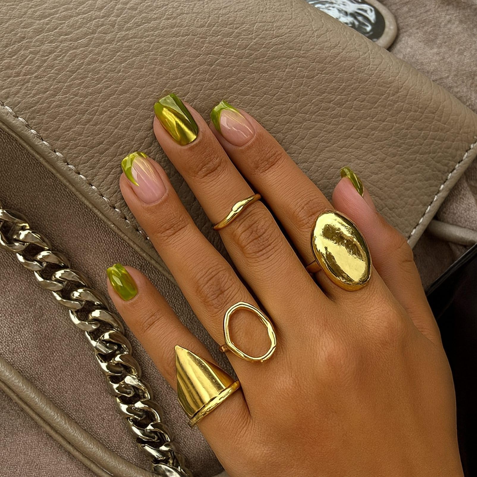 24Pcs Short Square False Nails with Glossy Metallic Gold and Green Leaf French Tip Design on Nude Base - Image 3