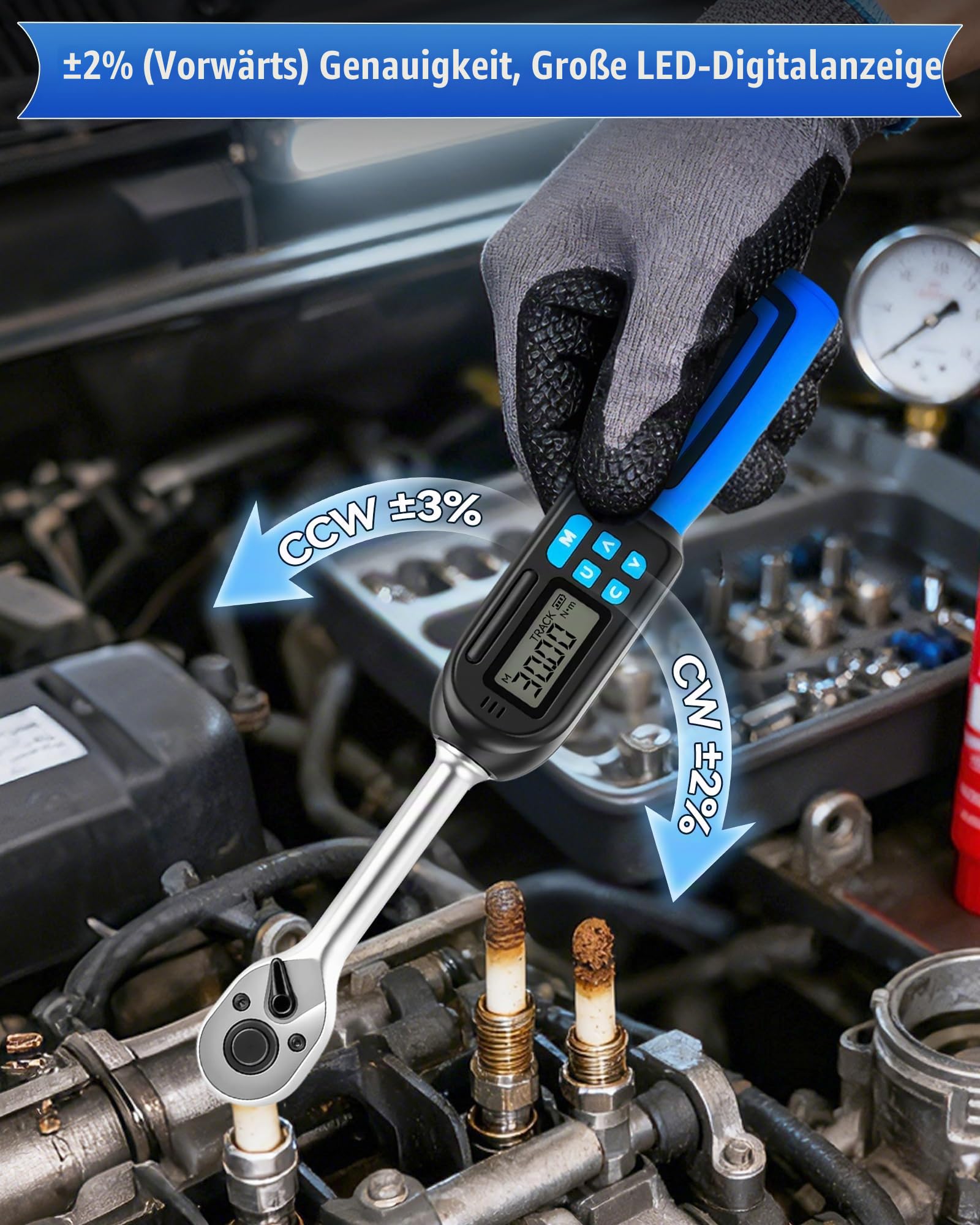 Digitaler Drehmomentschlüssel mit 3/8 zoll Antrieb, 3-60Nm Drehmomentbereich, ±2% Genauigkeit, Akustischer und LED-Alarm, Peak & Follow-Modus, für Fahrrad, Motorrad und Auto
