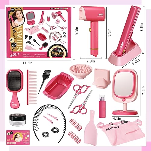 Miniatura 8 de Kit de peluquería de princesa para peluquería, juego de juguetes de maquillaje para niños pequeños. Incluye secador de pelo, rizador, espejo.