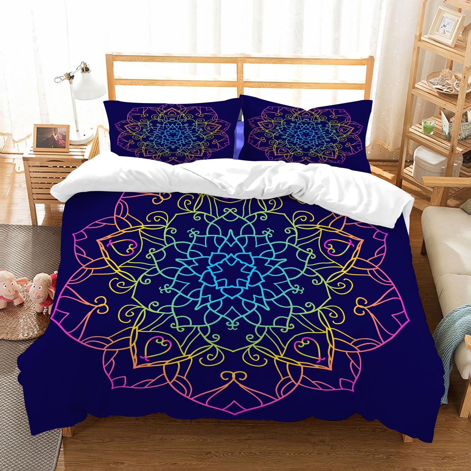 Parure de lit microfibres haut de gamme 228x264cm au design mandala bleu vintage