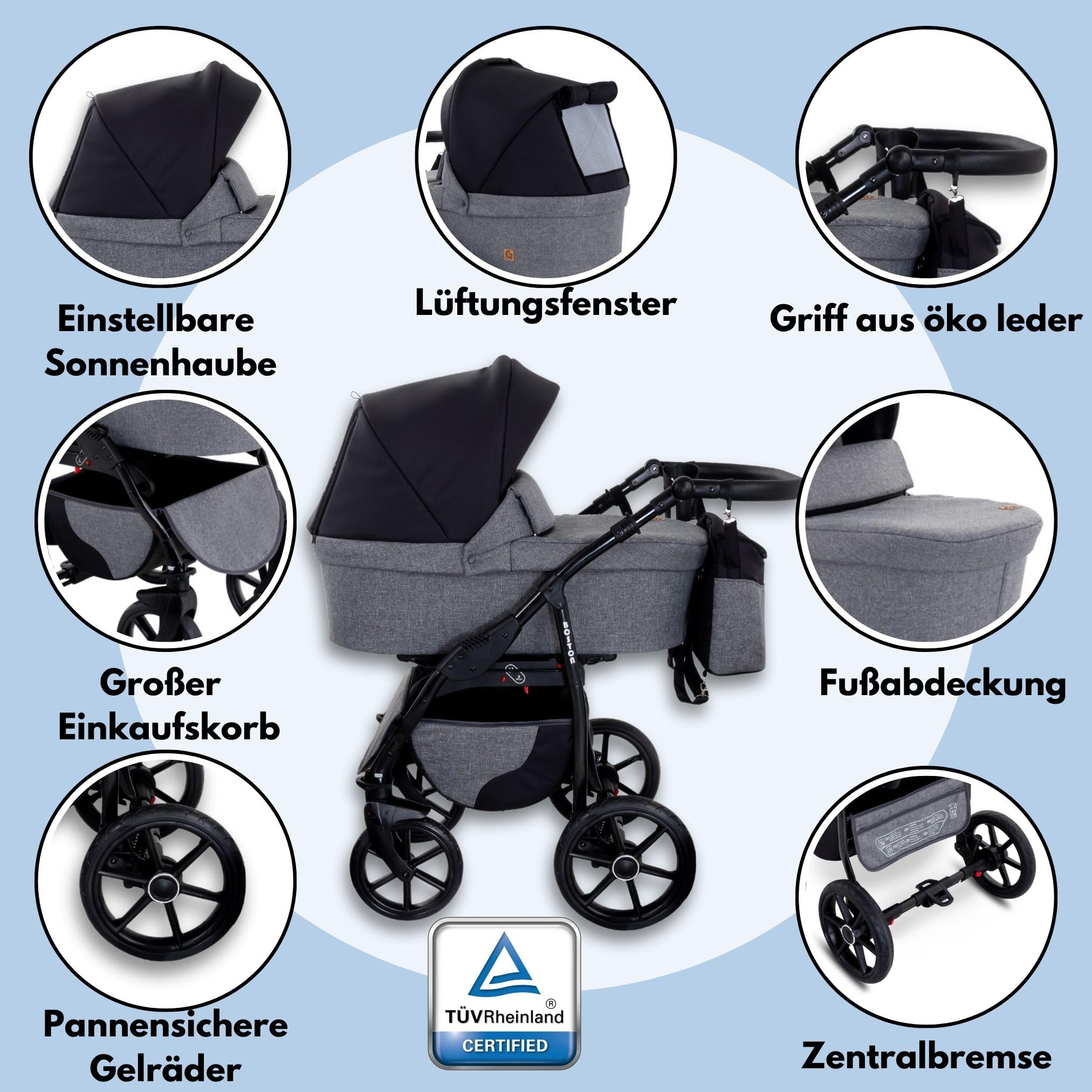 GaGaDumi Boston 3 en 1 Cochecito para Bebé con Silla de Auto - Carrito de Bebé Completo con Ruedas Grandes, Bolso y Accesorios Incluidos - Homologado TÜV Negro