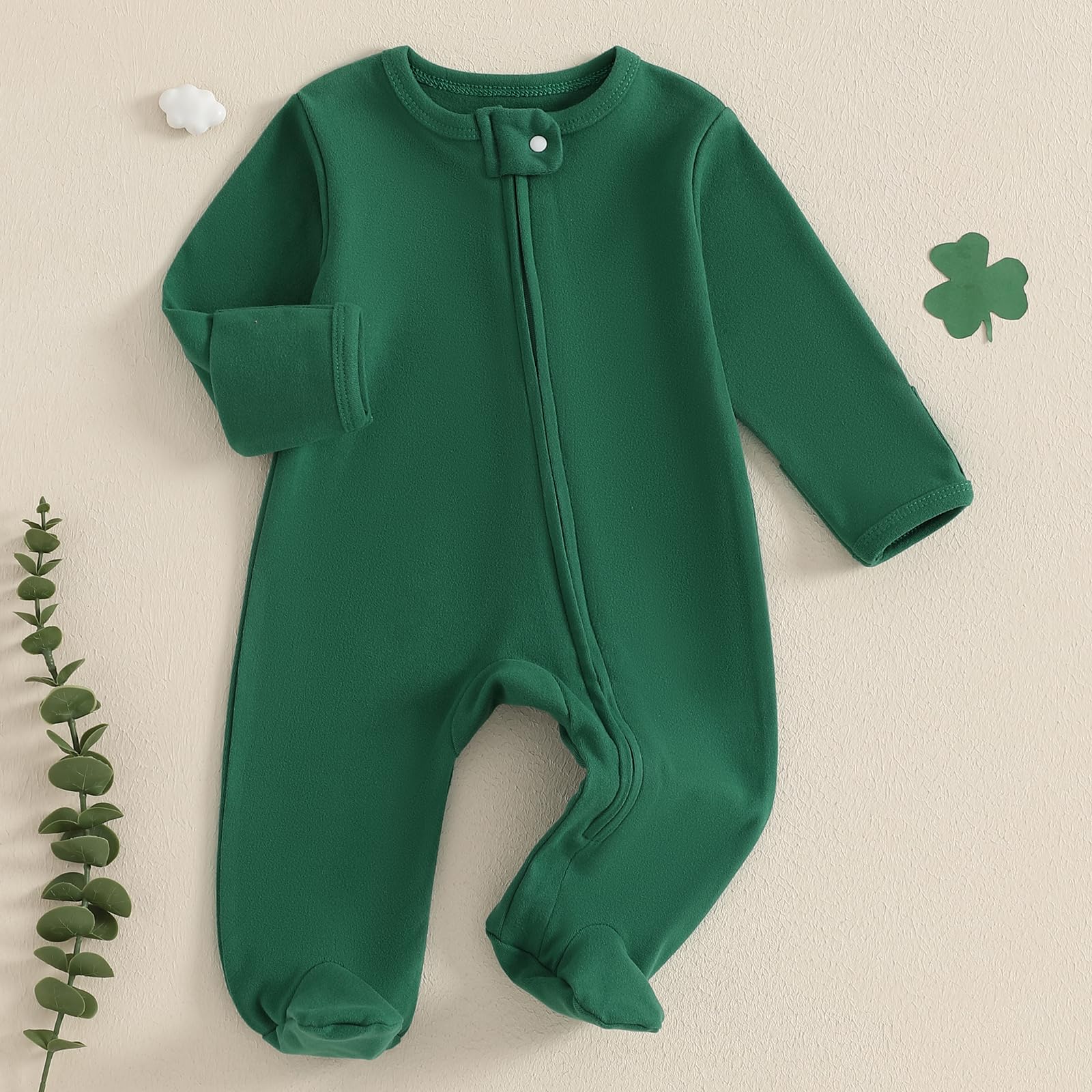 MOLZULAMS My First St.Patricks Day Baby Girl Boy Outfit Lucky Charm Long Sleeve Footie Romper Zip Up Jumpsuit Cute Clothes (Lucky Charm Green, 6-12 Months)