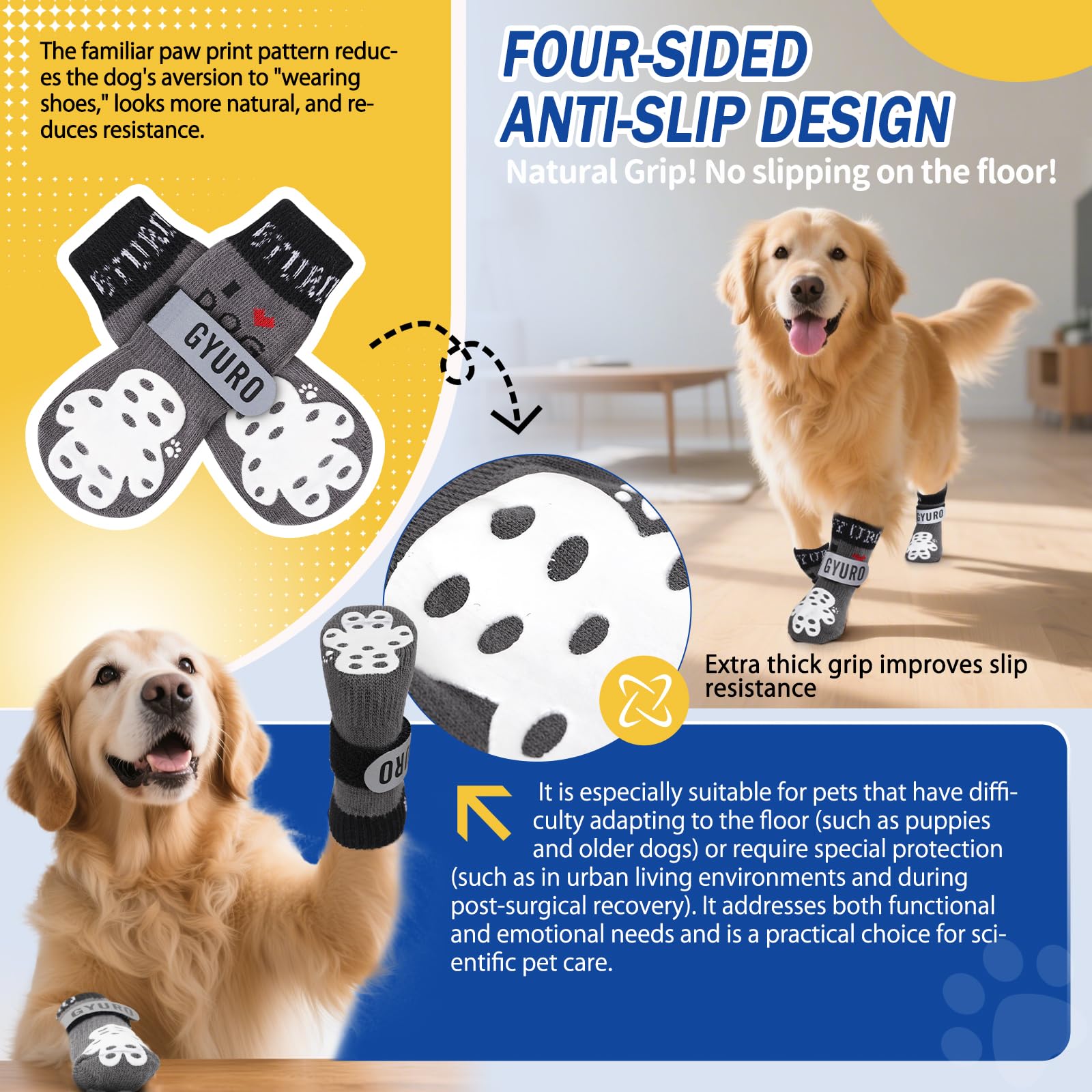 GYURO 4-Sided Anti Slip Dog Socks Paws Stop Licking with Adjustable Reflective Strap, Indoor Paw Protection - Image 4