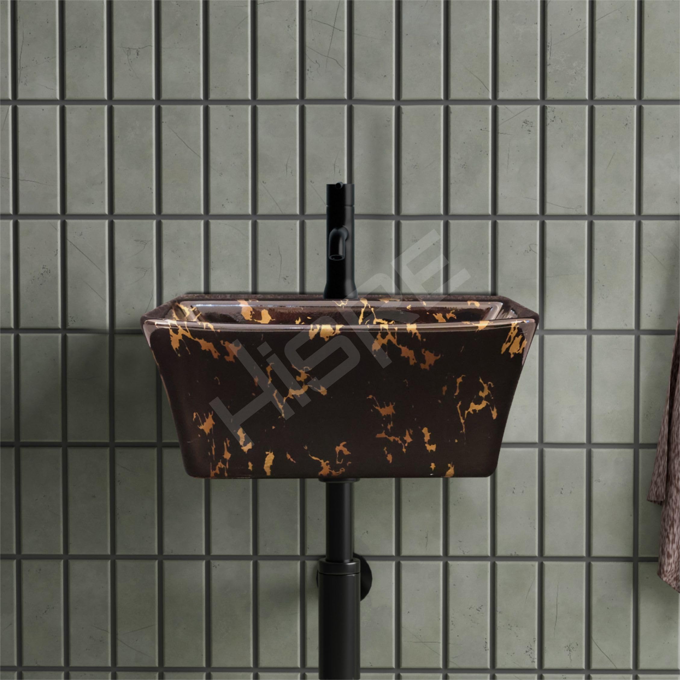 HISRE Wall Mount Wash Basin 13"x13"x5" | Black Gold Marble Finish Ceramic Sink | Modern Rectangular Bathroom Basin for Home, Office & Hotels, photo 3 of 5