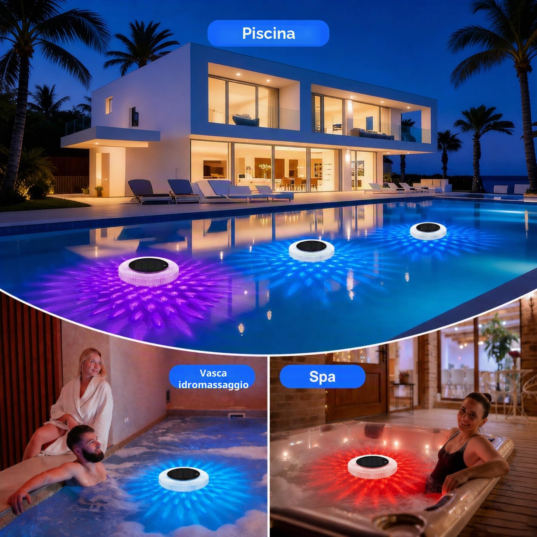 sylvwin Ionizzatore solare per piscina con anodi di rame, purificatore d'acqua galleggiante con anodo di rame per piscine, illuminazione solare per piscine, luci solari RGB, purificatore d'acqua per