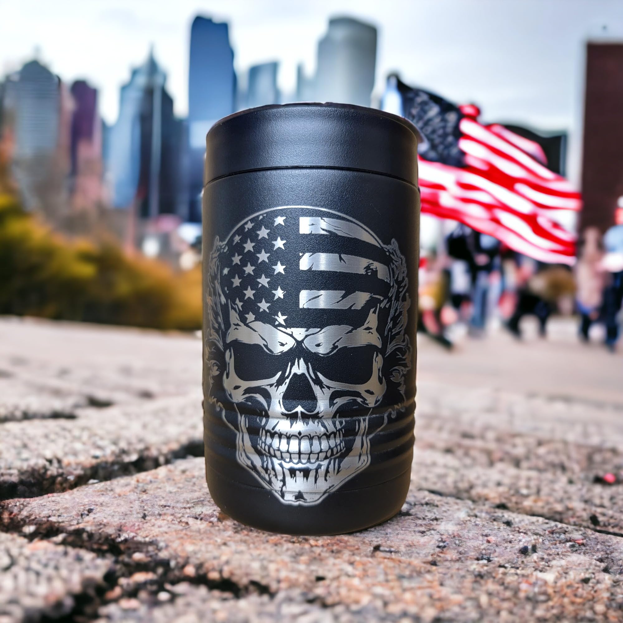 Skull Flag American FlagDouble Walled Stainless Steel Insulated Can Cooler – Holds 12 or 16 oz Cans or 12 oz Bottles - Two-Sided Engraving - Includes USA Flag Sticker (Skull Flag)