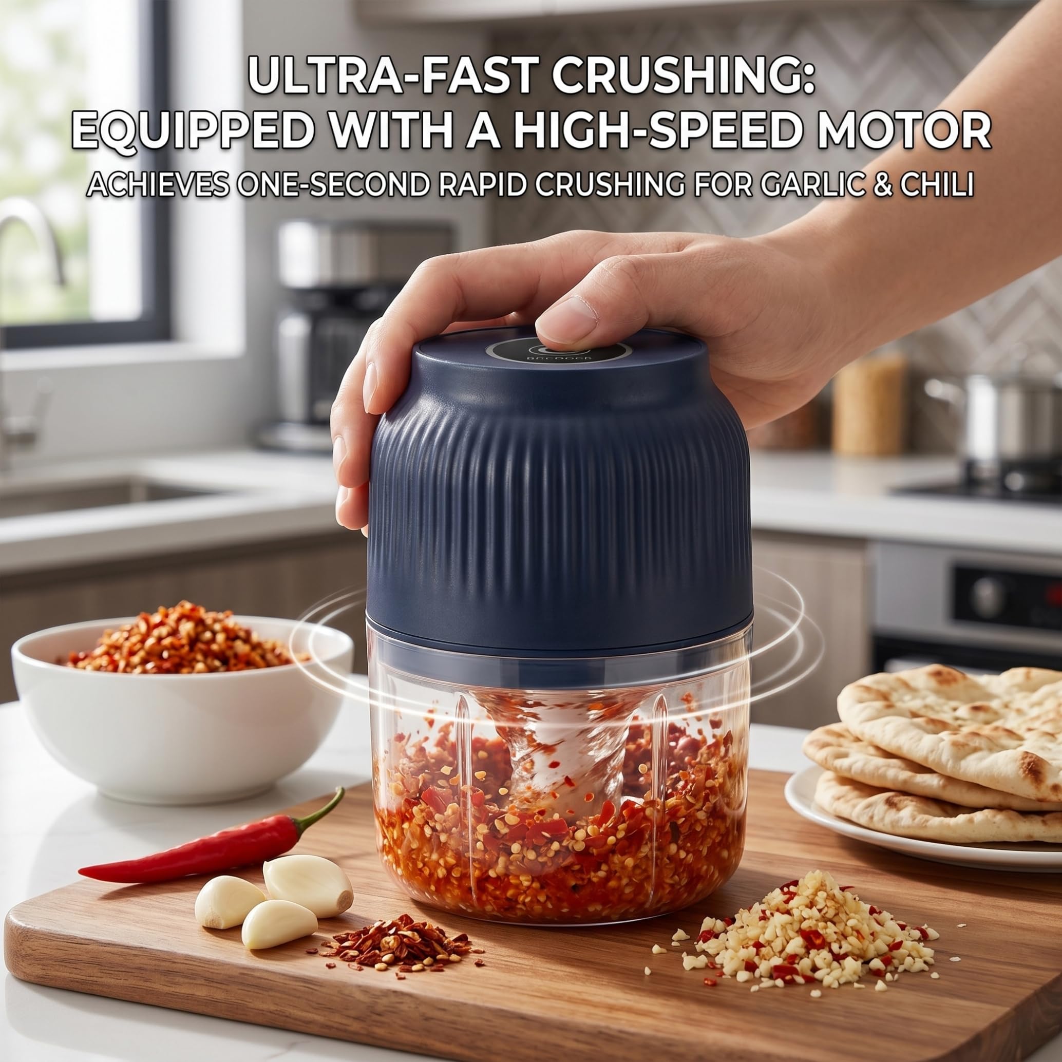 Nuss-Zerkleinerer Elektrischer Knoblauchzerkleinerer, 4 Klingen, kabelloser Knoblauchwolf, 300 ml Mini-Küchenmaschine für Nuss, Chili, Babynahrung (Blau)