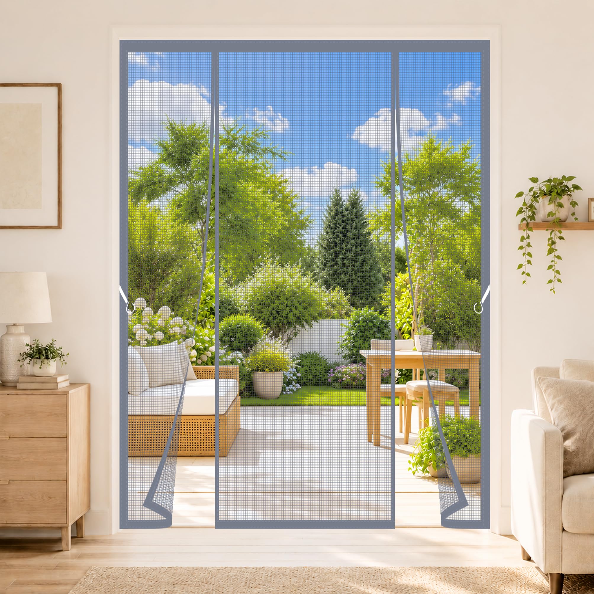 Double Mosquito Door Screen 220x230cm Double Door Fly Screen Curtain Magnetic Closure Keep Bugs Out for Balcony, Cellar & Garage Doors Grey