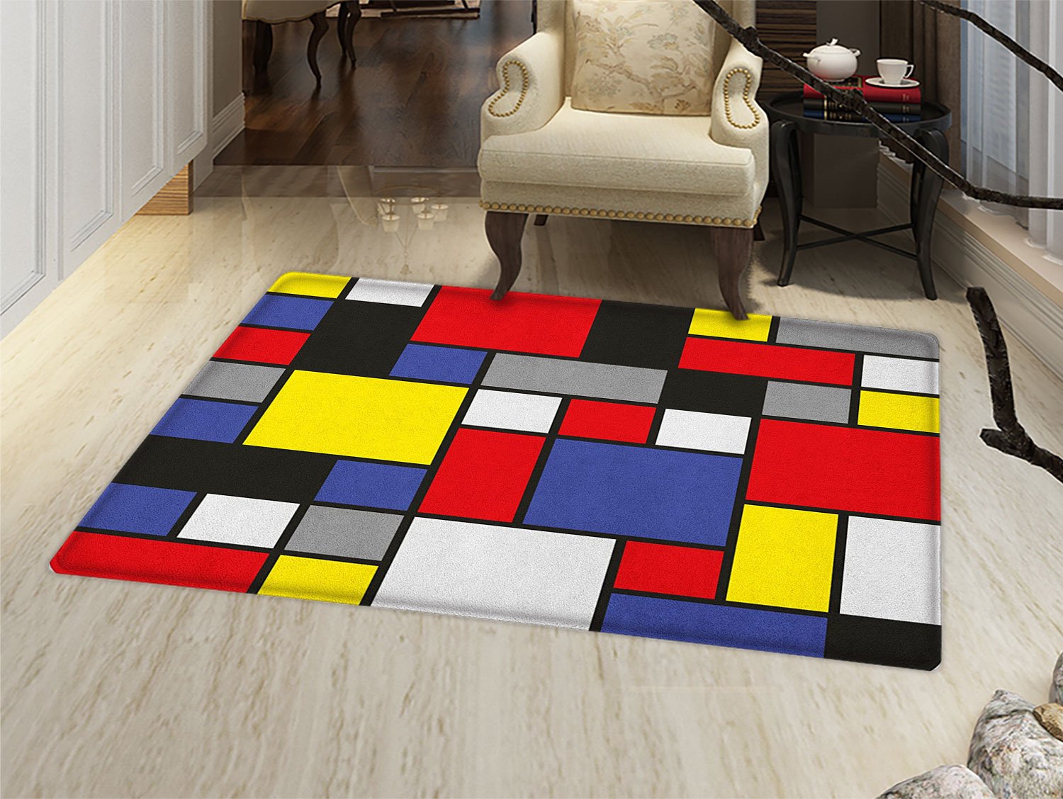 smallbeefly Art Door Mats for home Mondrianesque Pop Design with Colorful Squares Lively Colors Geometric Shapes Print Bath Mat Bathroom Mat with Non Slip Multicolor