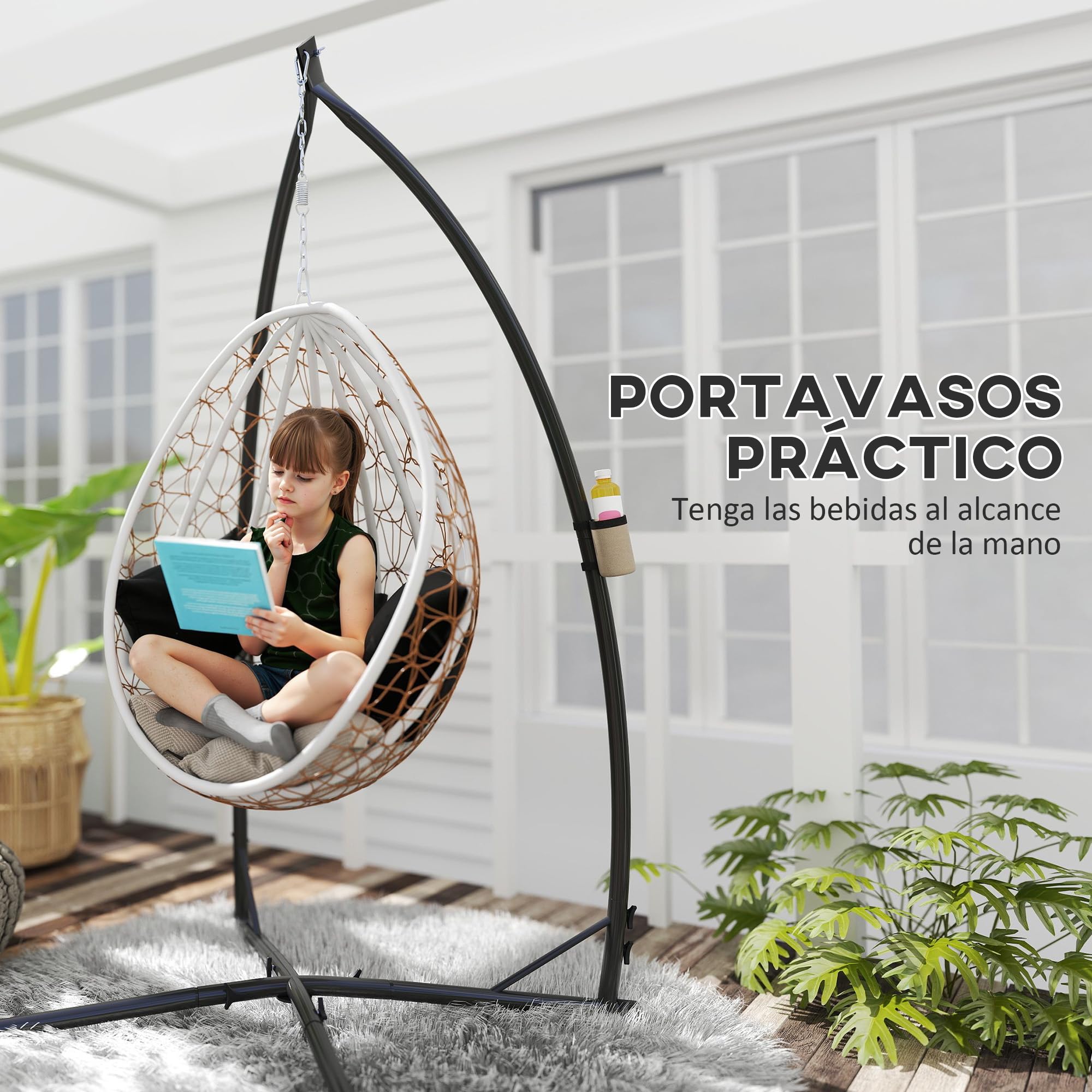 Outsunny Soporte para Silla Colgante de Huevos Altura 215 cm con Estructura de Acero Base Estable y Portavaso Soporte para Silla Columpio para Patio Jardín Balcón Carga 150 kg Negro