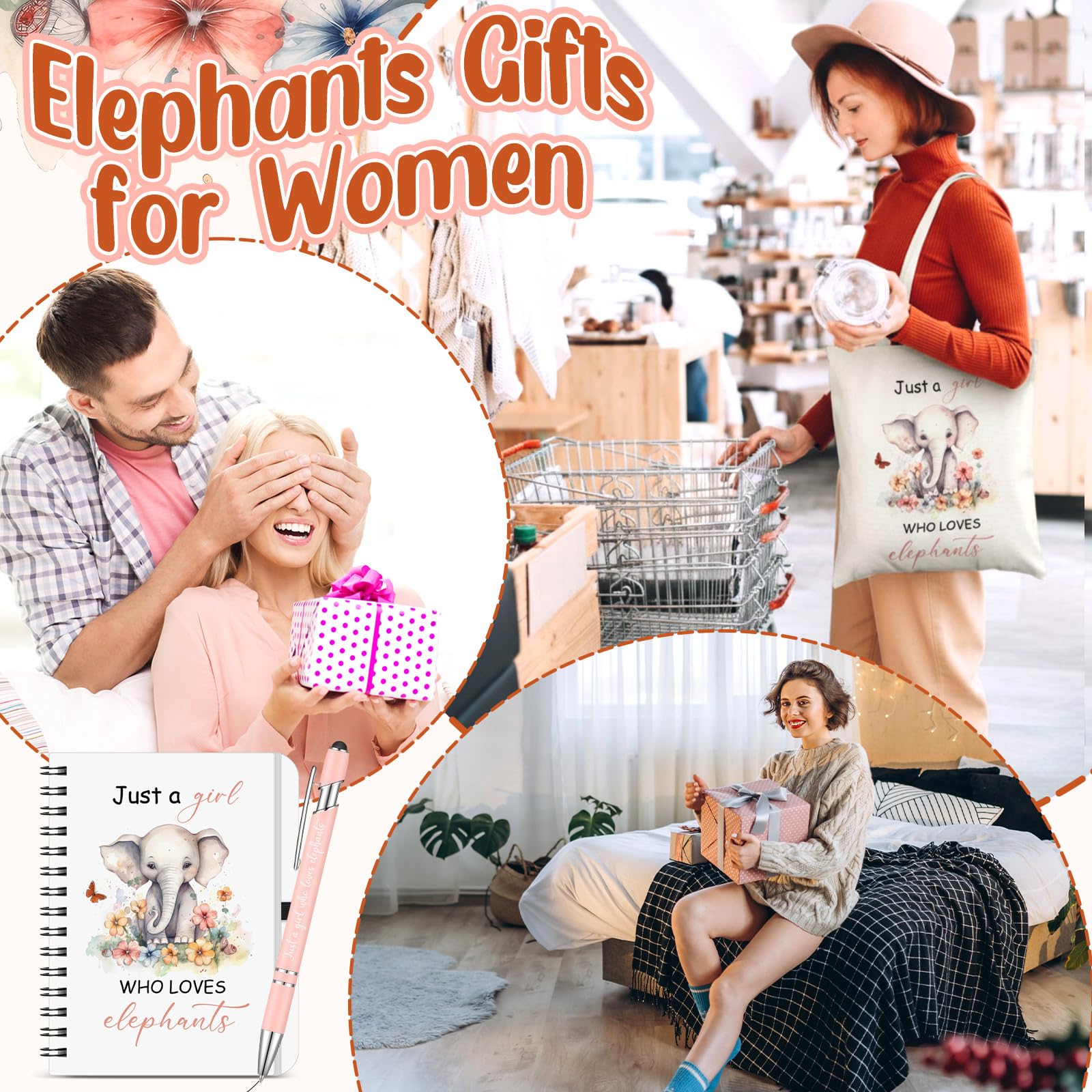 Kinlop 5 Pcs Elephant Pattern Gifts for Women Include Just a Girl Who Loves Elephants Tote Bag Canvas Cosmetic Bag Coil Notebook Keychain and Ballpoint Pen for Women Girls