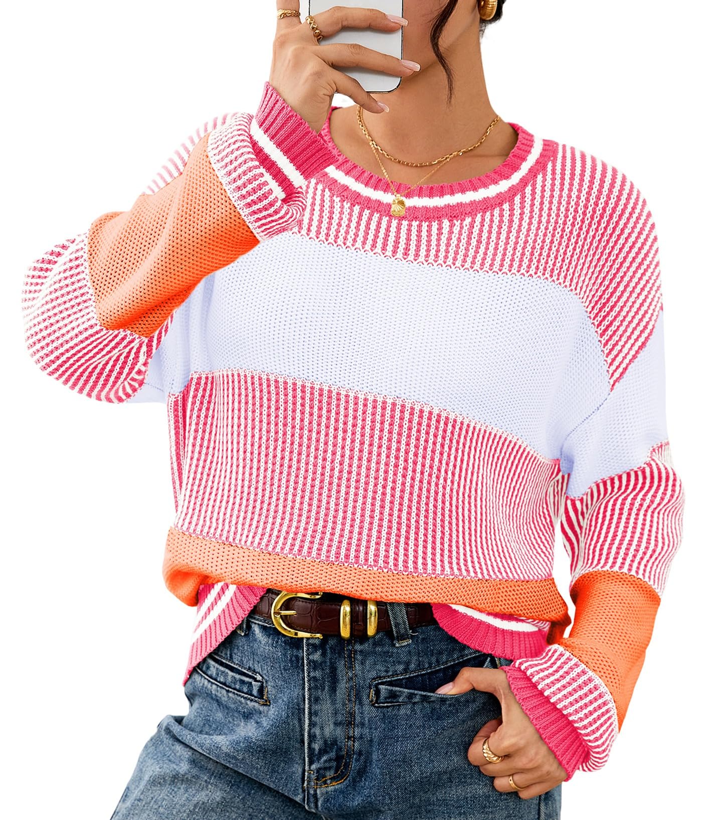 Women's 2025 Fall Fashion Crew Neck Long Sleeve Striped Color Block Knit Loose Pullover Sweater Tops-image-49